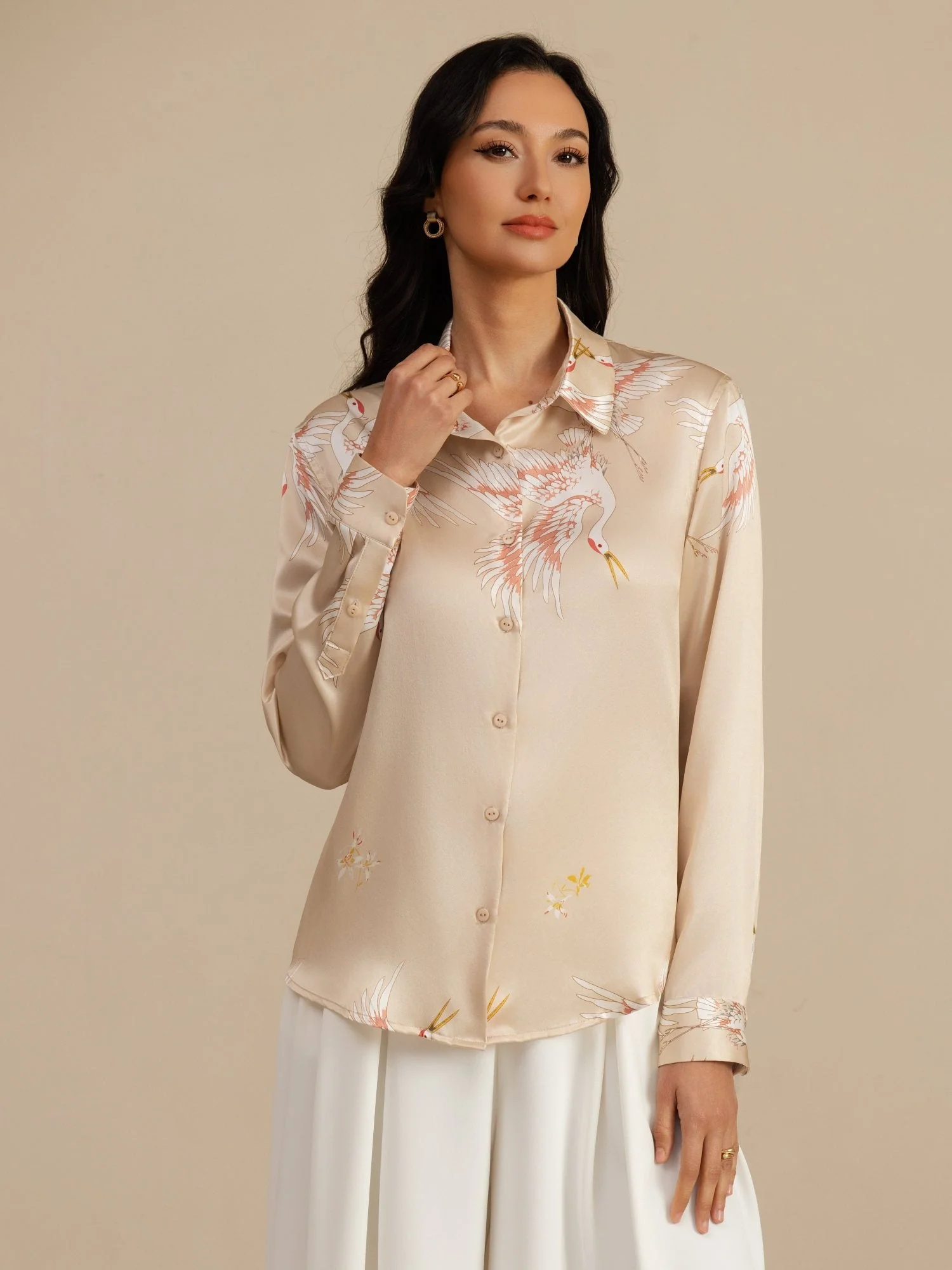 19Momme Pure Silk Long Sleeve Lapel Collar Women's Crane Print Button Blouse - Image 49
