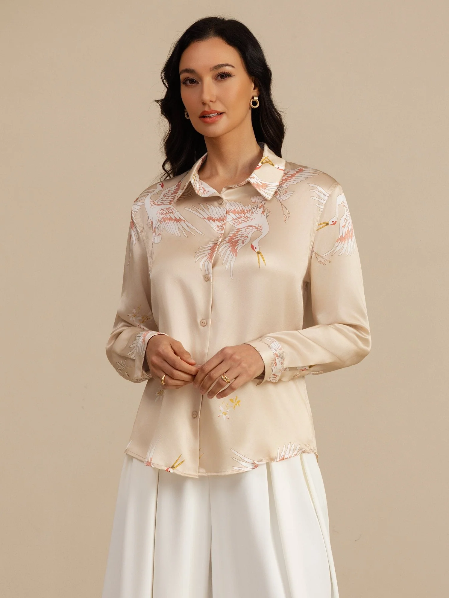 19Momme Pure Silk Long Sleeve Lapel Collar Women's Crane Print Button Blouse - Image 50