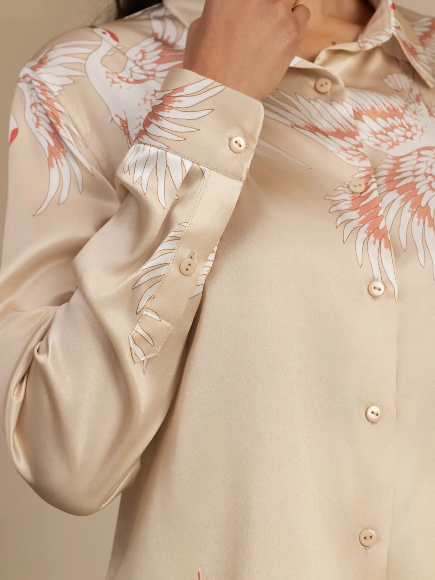 19Momme Pure Silk Long Sleeve Lapel Collar Women's Crane Print Button Blouse - Image 51