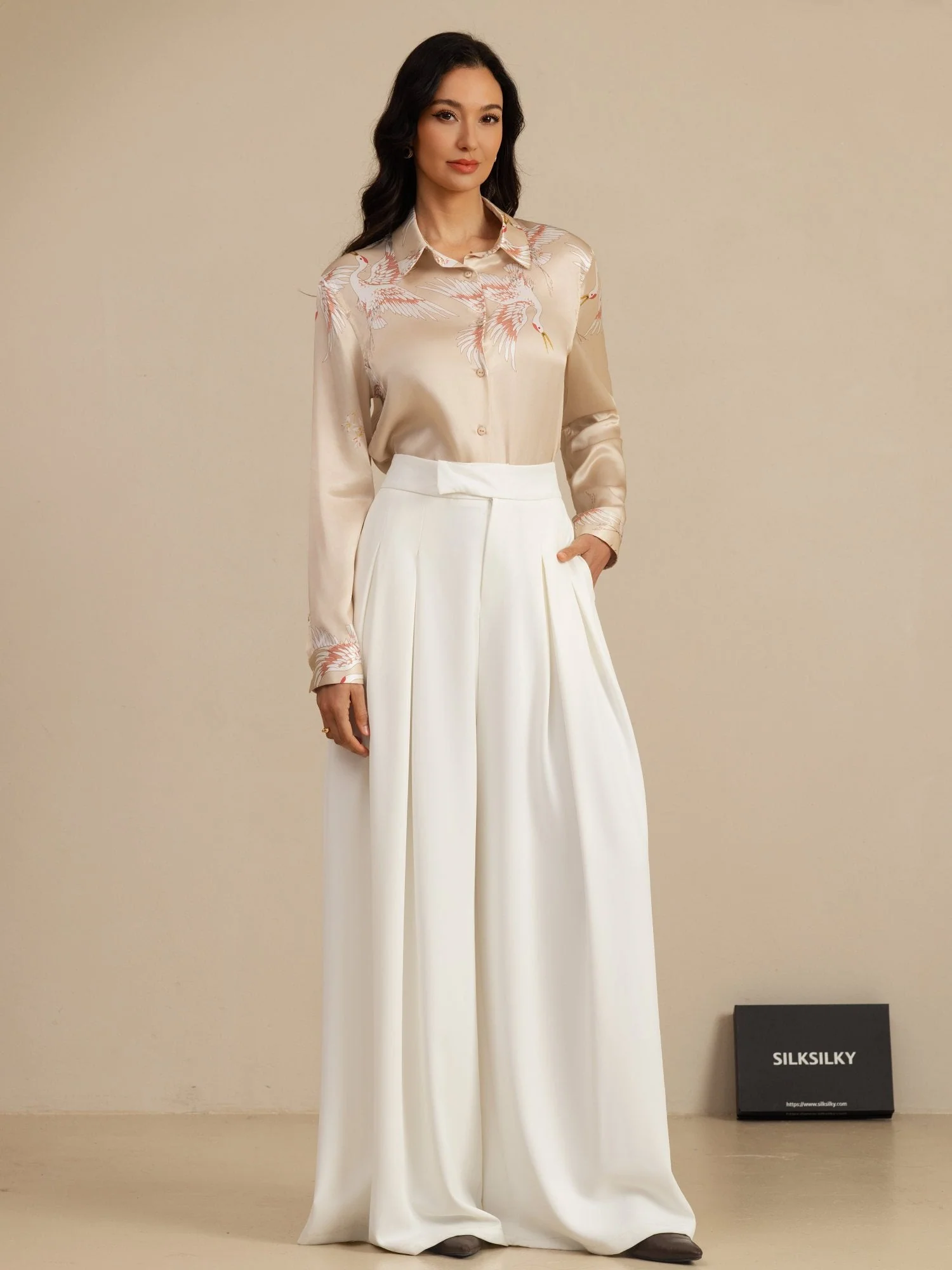 19Momme Pure Silk Long Sleeve Lapel Collar Women's Crane Print Button Blouse - Image 52