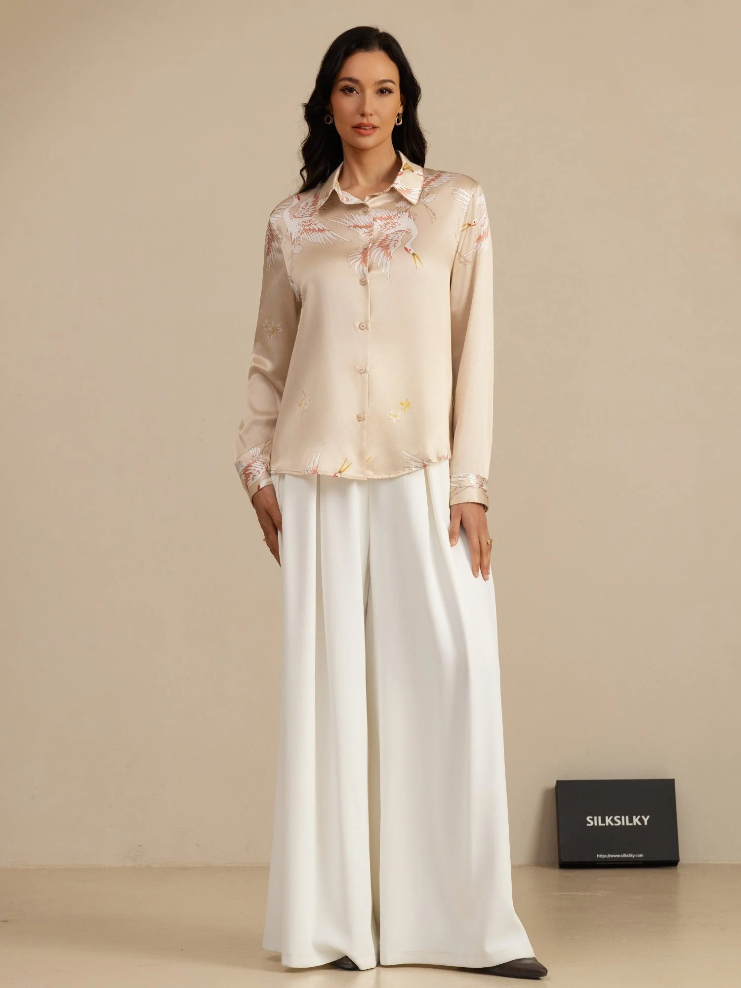 19Momme Pure Silk Long Sleeve Lapel Collar Women's Crane Print Button Blouse - Image 53
