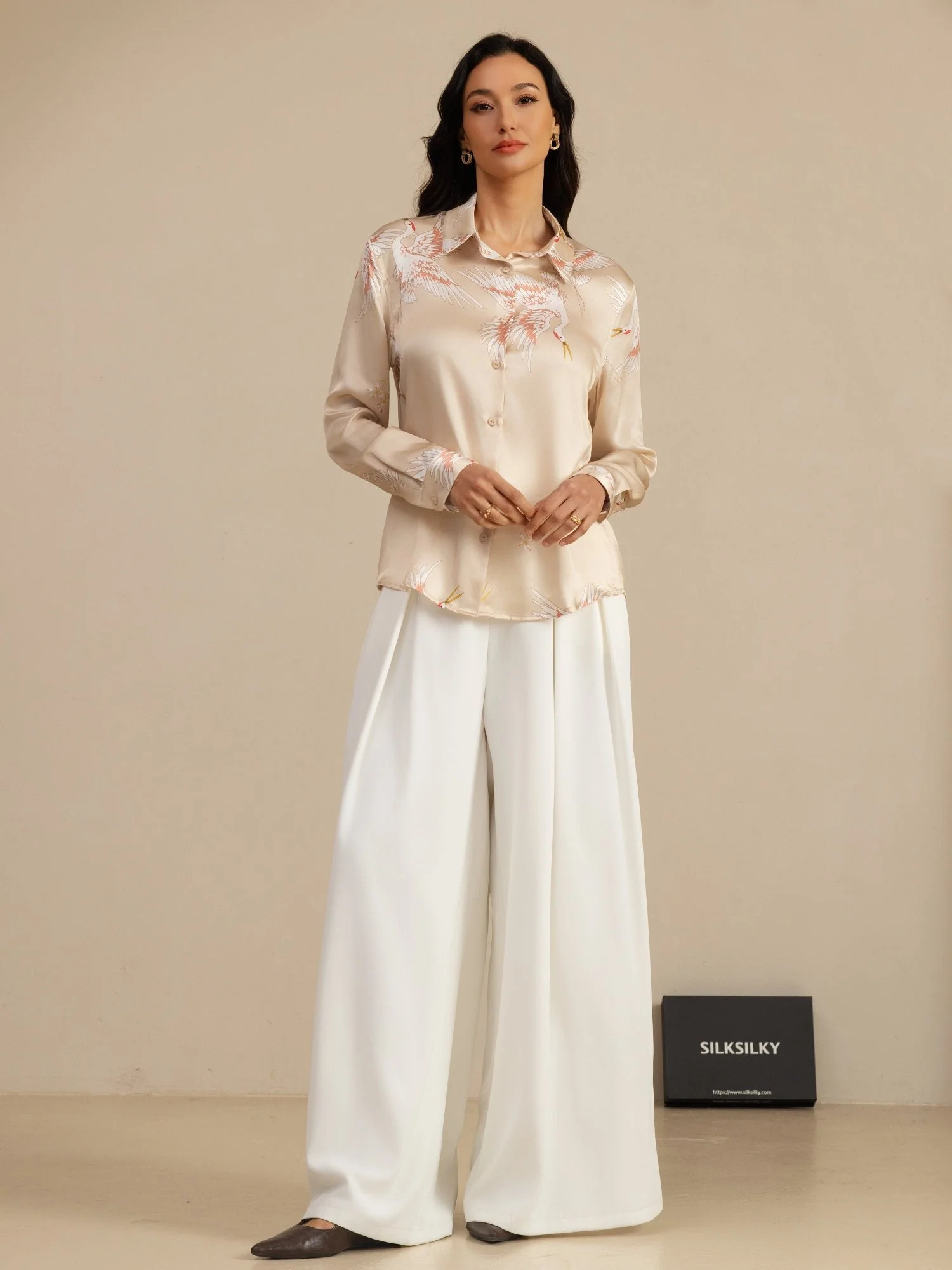 19Momme Pure Silk Long Sleeve Lapel Collar Women's Crane Print Button Blouse - Image 54
