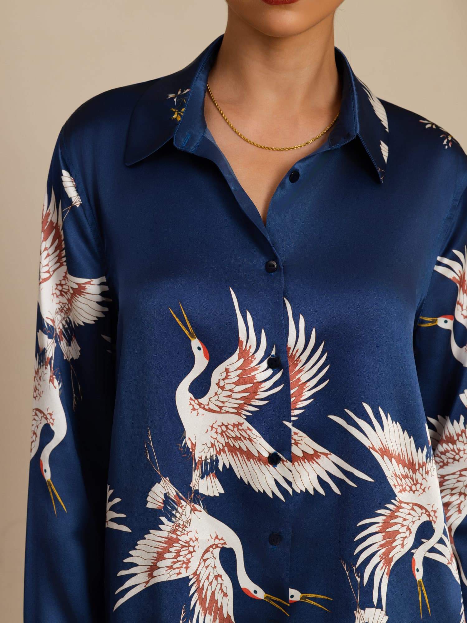 19Momme Pure Silk Long Sleeve Lapel Collar Women's Crane Print Button Blouse - Image 6