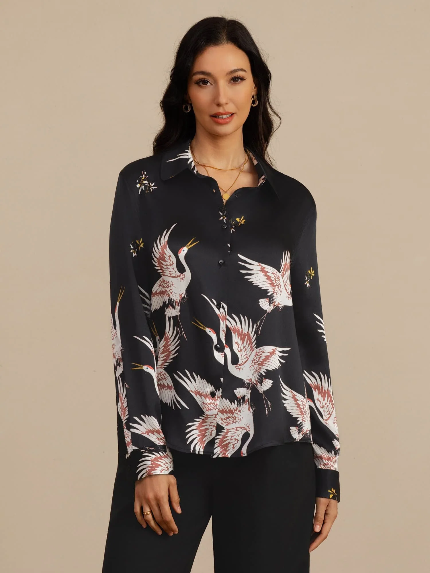 19Momme Pure Silk Long Sleeve Lapel Collar Women's Crane Print Button Blouse - Image 9