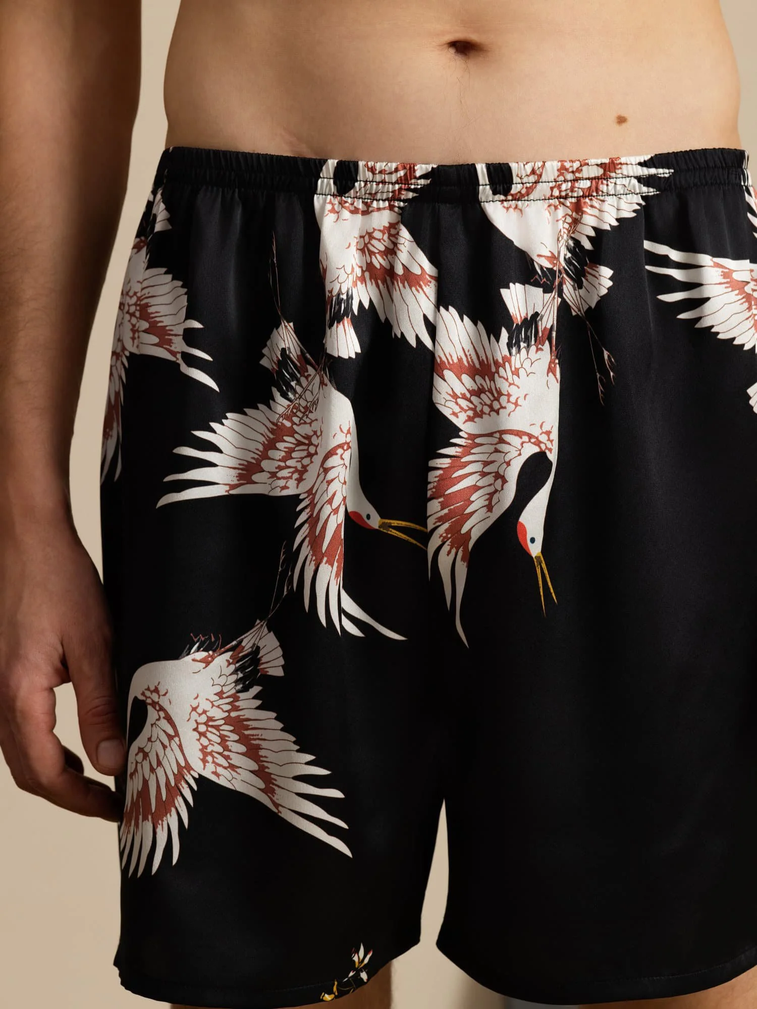 19Momme Pure Silk Men's Crane Print Elastic Waist Sleep Shorts - Image 11