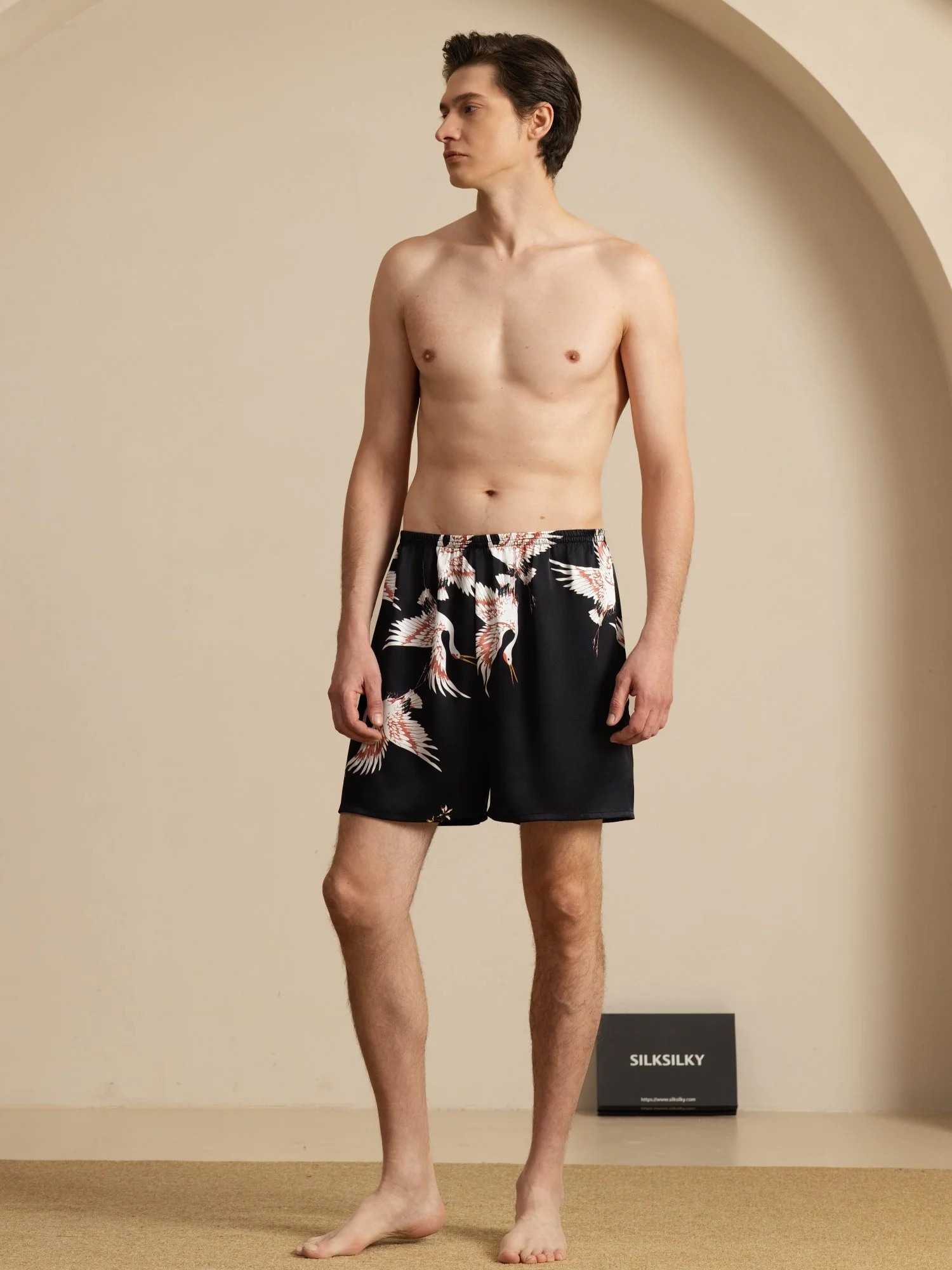 19Momme Pure Silk Men's Crane Print Elastic Waist Sleep Shorts - Image 13