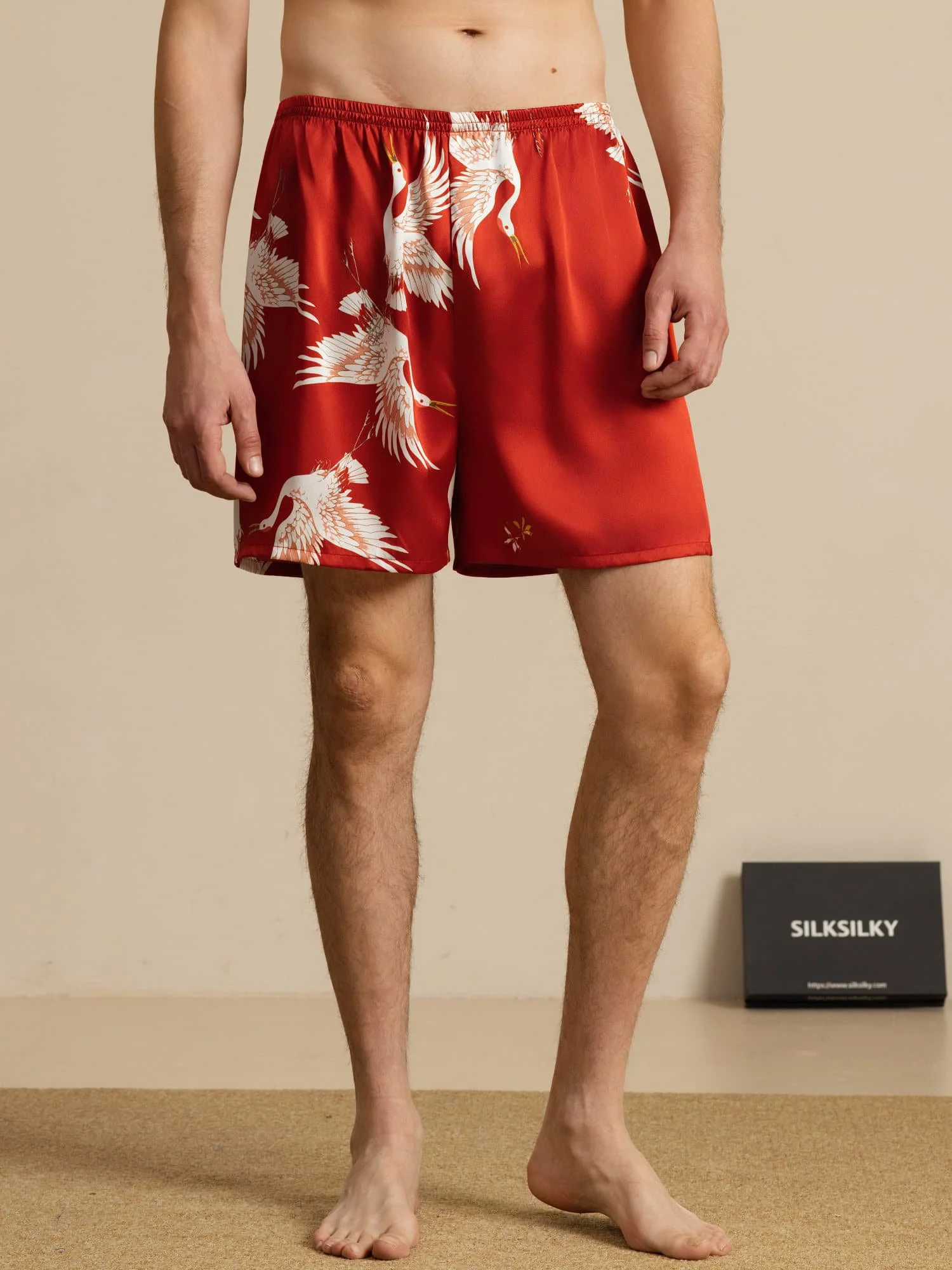 19Momme Pure Silk Men's Crane Print Elastic Waist Sleep Shorts - Image 14