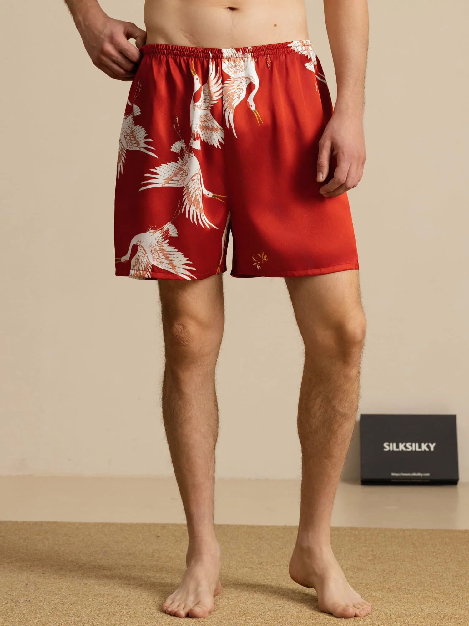 19Momme Pure Silk Men's Crane Print Elastic Waist Sleep Shorts - Image 16