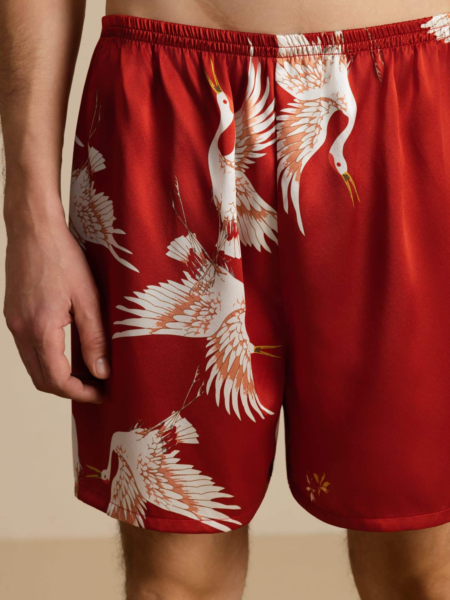 19Momme Pure Silk Men's Crane Print Elastic Waist Sleep Shorts - Image 18