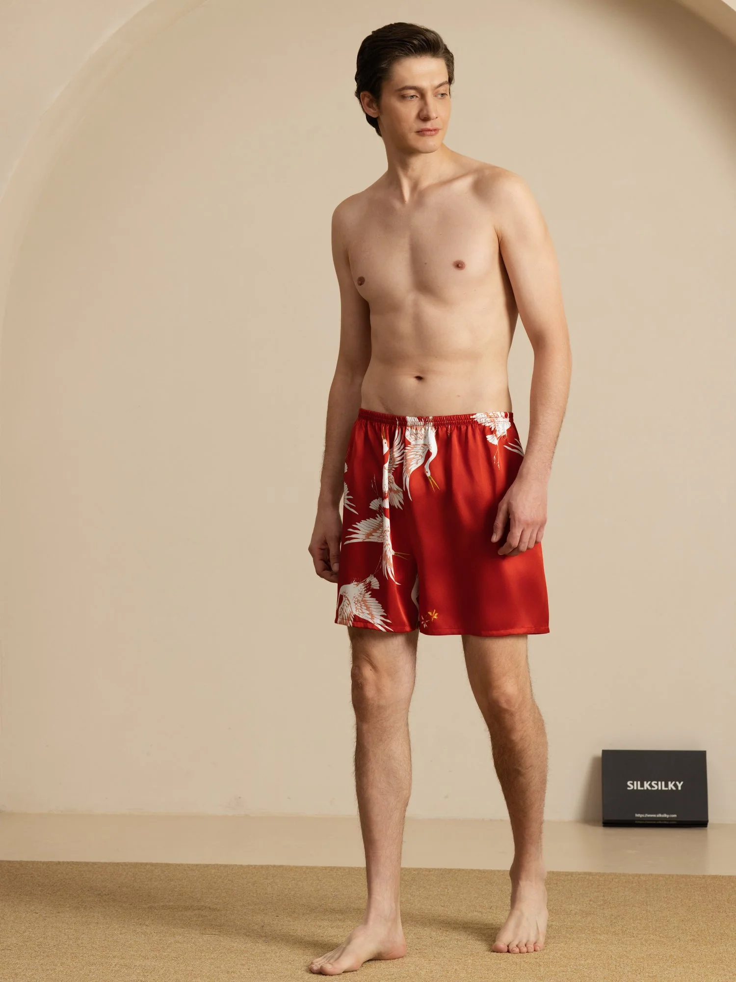19Momme Pure Silk Men's Crane Print Elastic Waist Sleep Shorts - Image 19