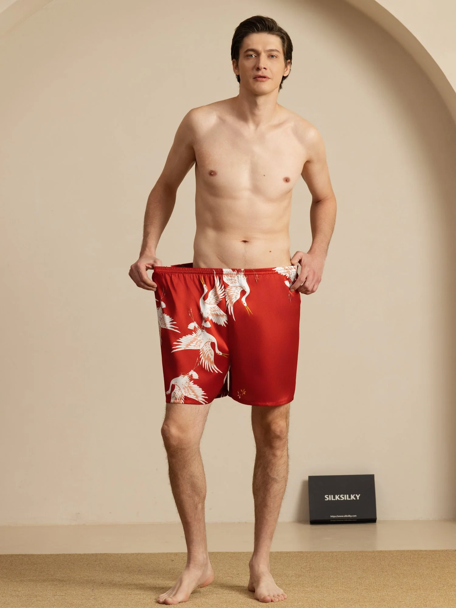 19Momme Pure Silk Men's Crane Print Elastic Waist Sleep Shorts - Image 20
