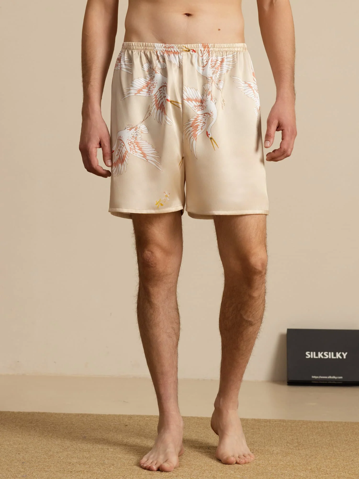 19Momme Pure Silk Men's Crane Print Elastic Waist Sleep Shorts - Image 21