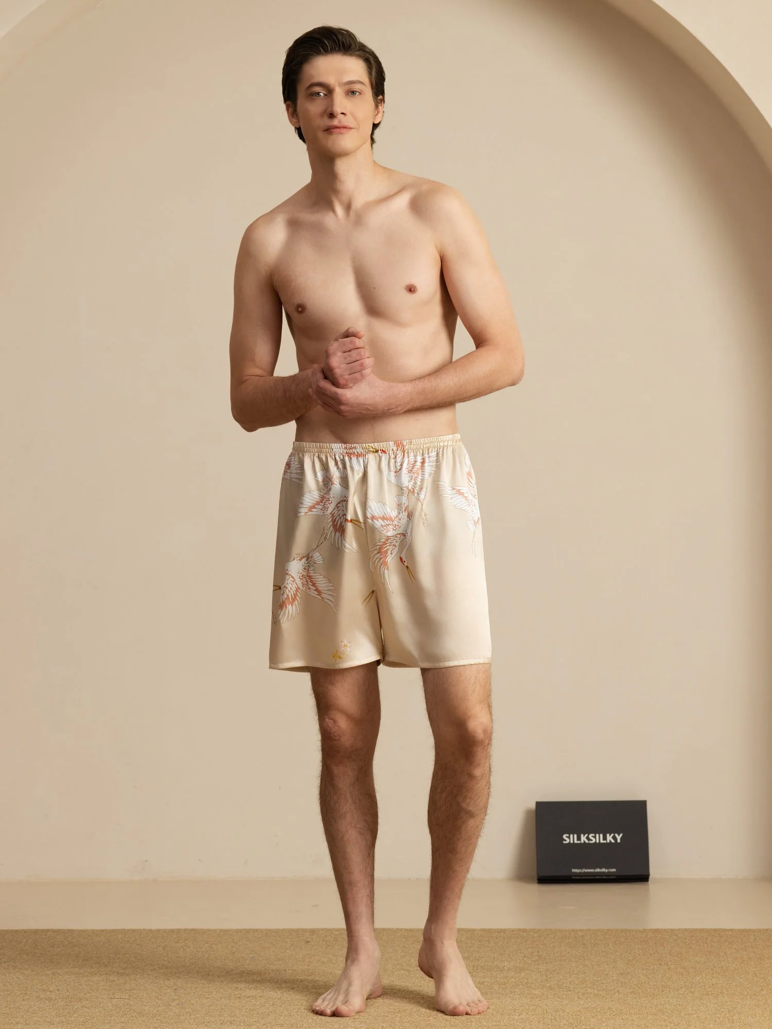 19Momme Pure Silk Men's Crane Print Elastic Waist Sleep Shorts - Image 24