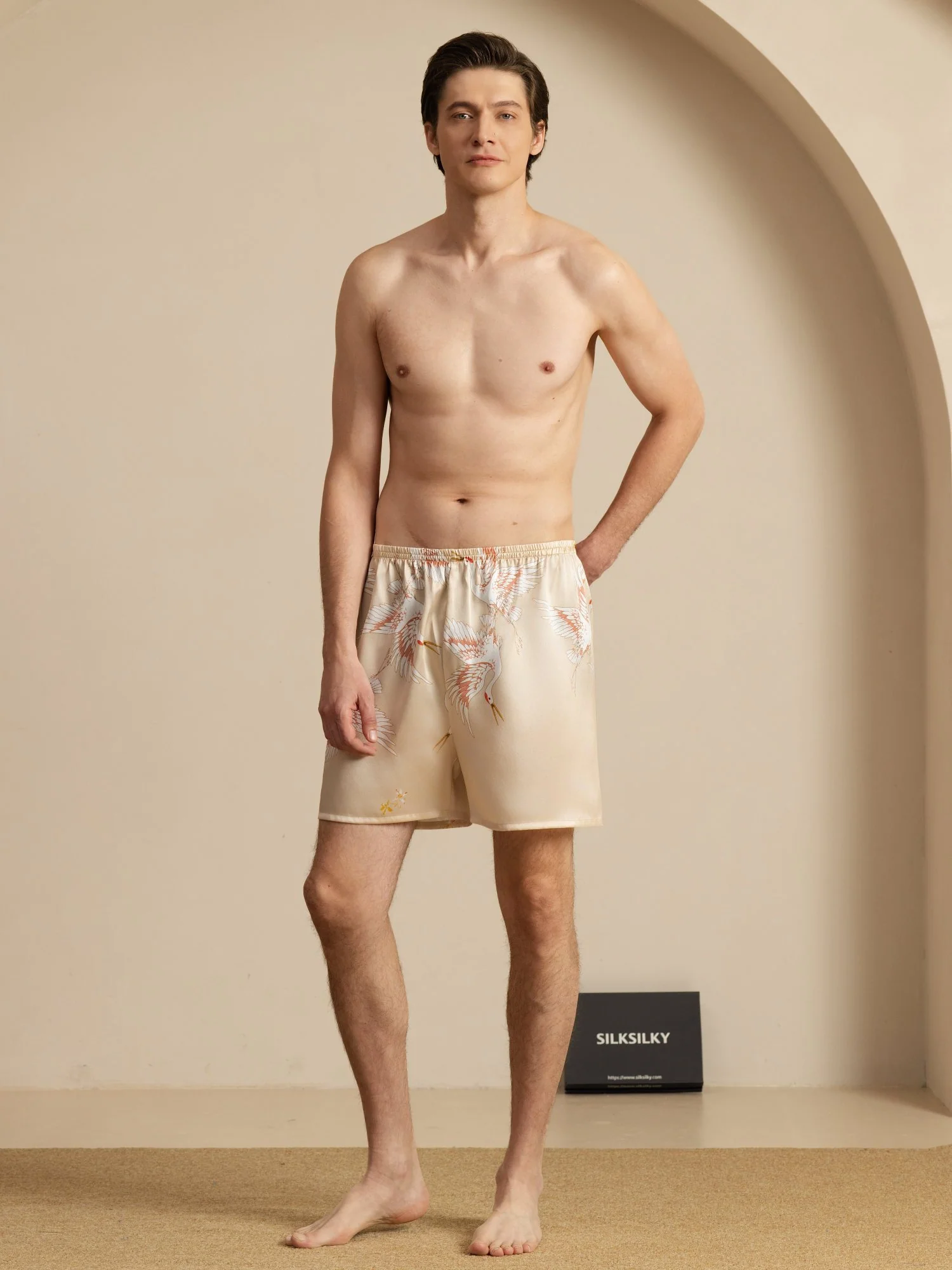 19Momme Pure Silk Men's Crane Print Elastic Waist Sleep Shorts - Image 26