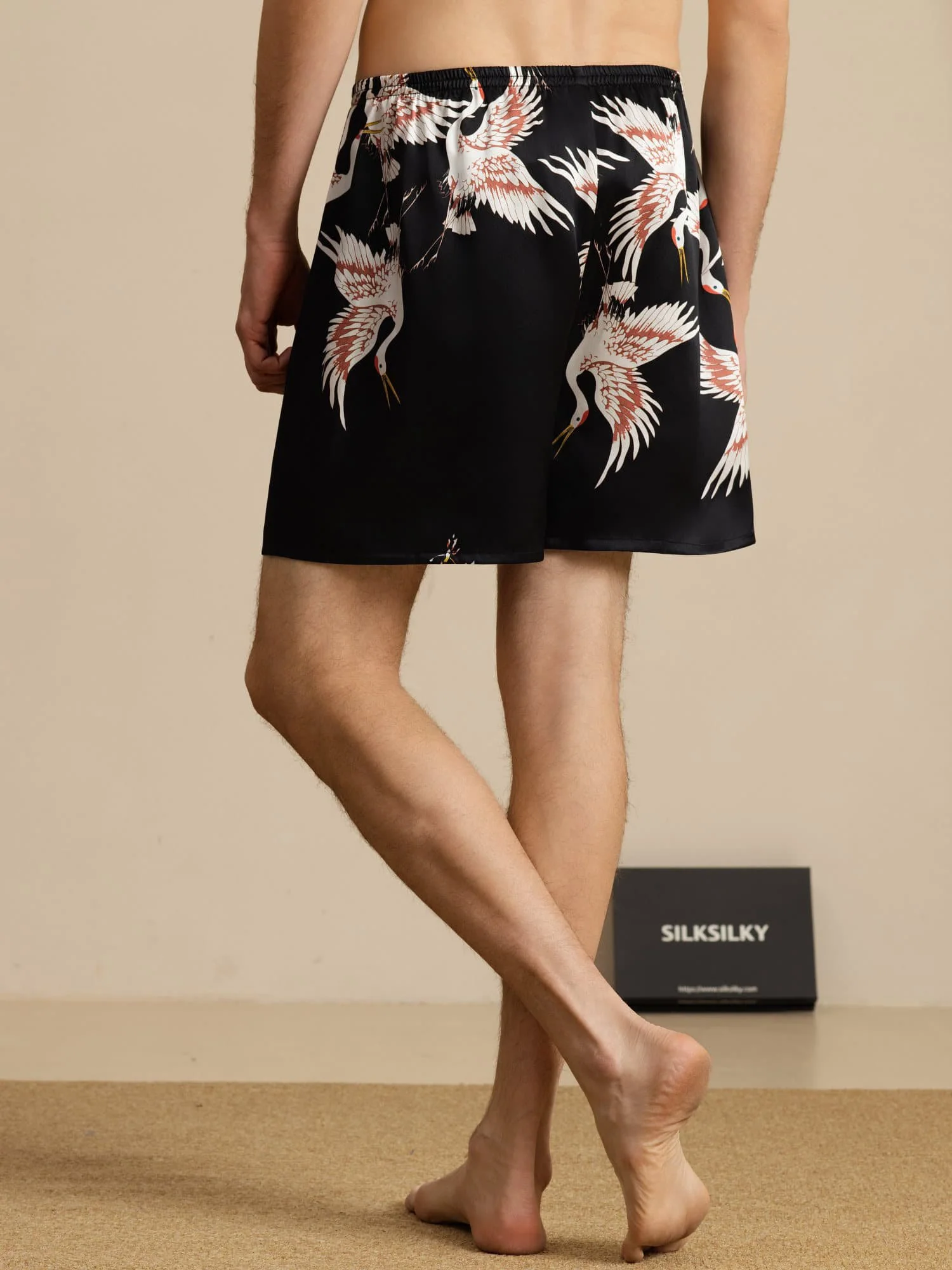 19Momme Pure Silk Men's Crane Print Elastic Waist Sleep Shorts - Image 9