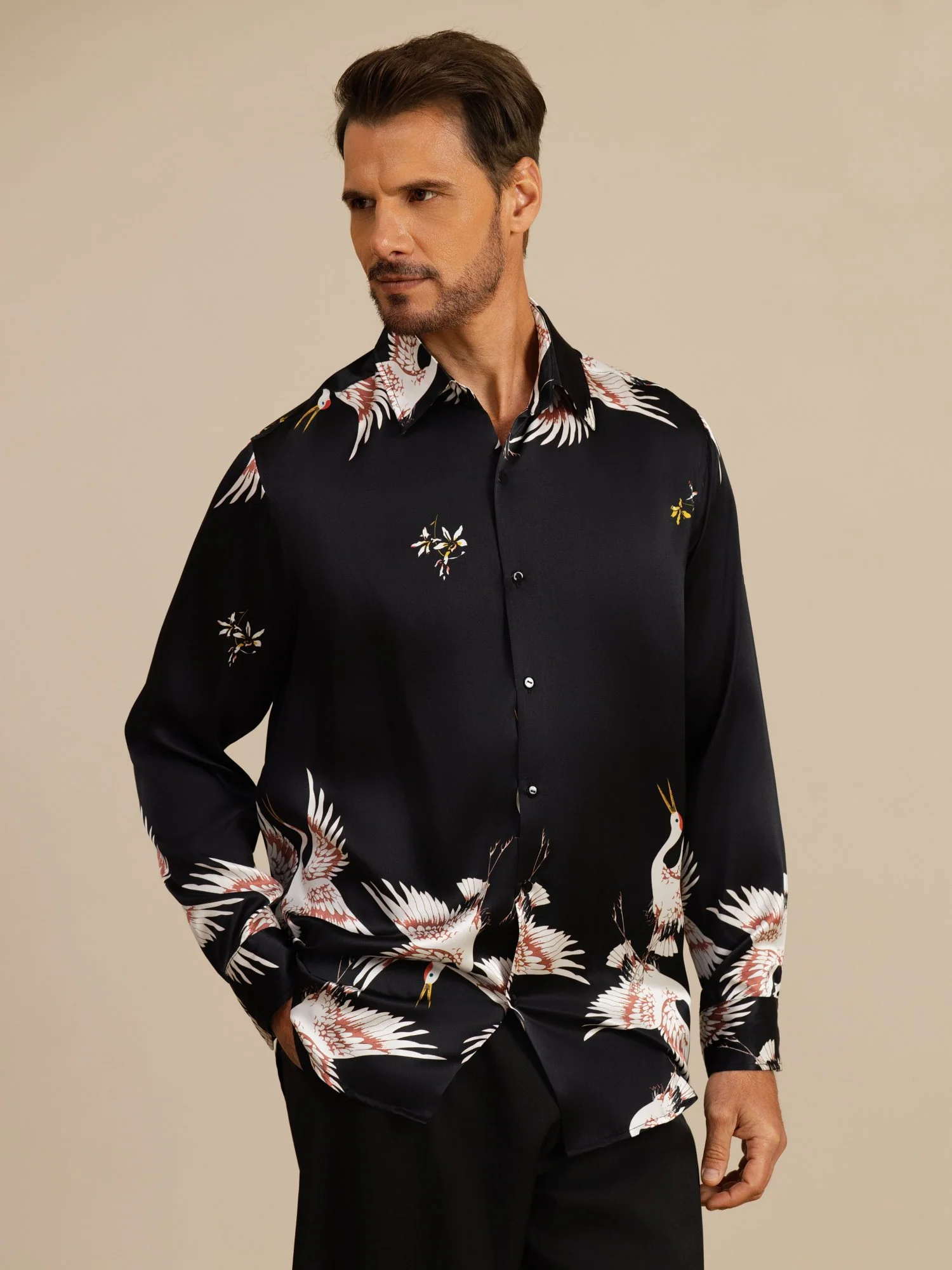 19Momme Pure Silk Men's Long Sleeve Lapel Collar Crane Print Shirt - Image 10