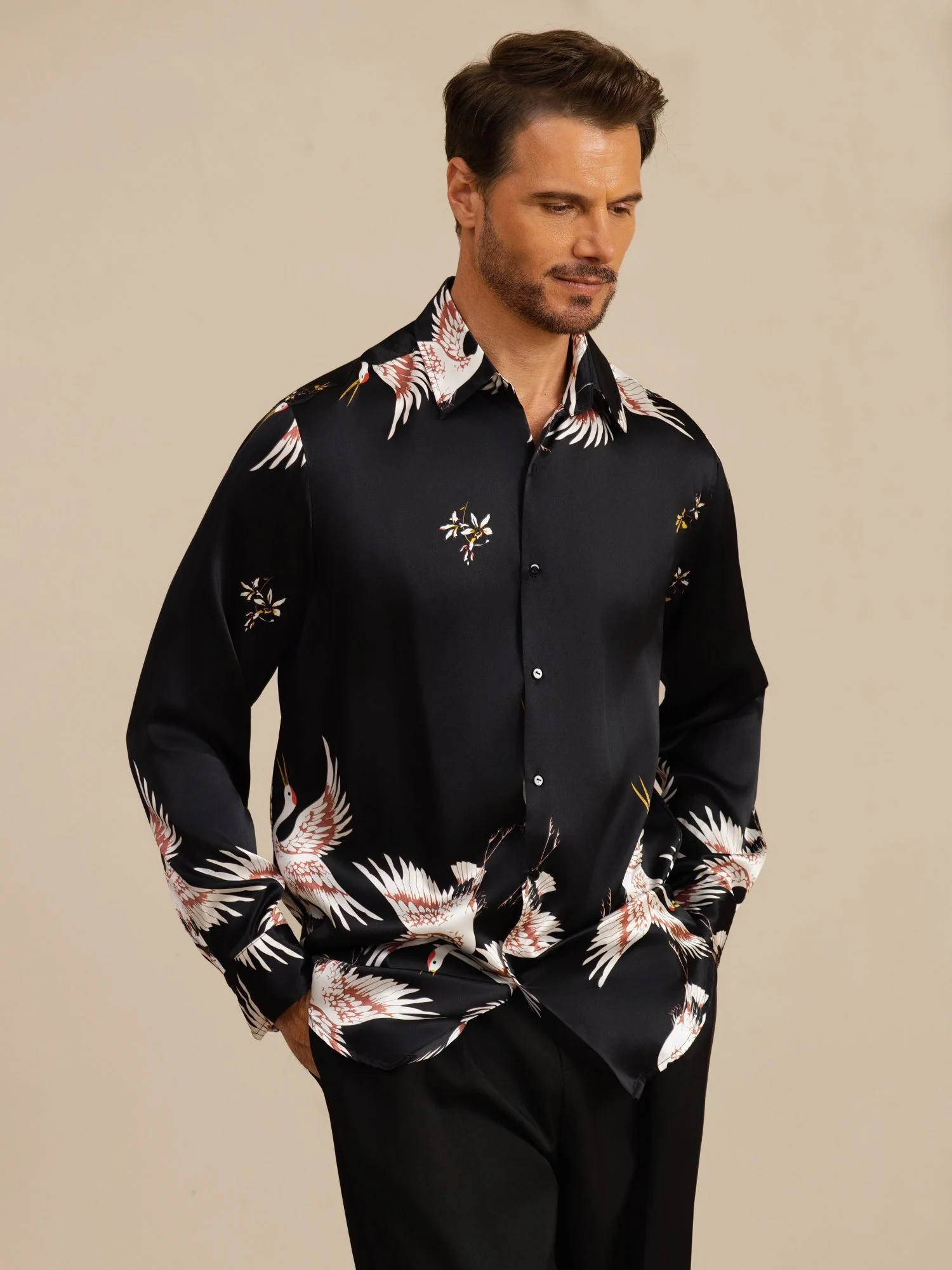 19Momme Pure Silk Men's Long Sleeve Lapel Collar Crane Print Shirt - Image 11