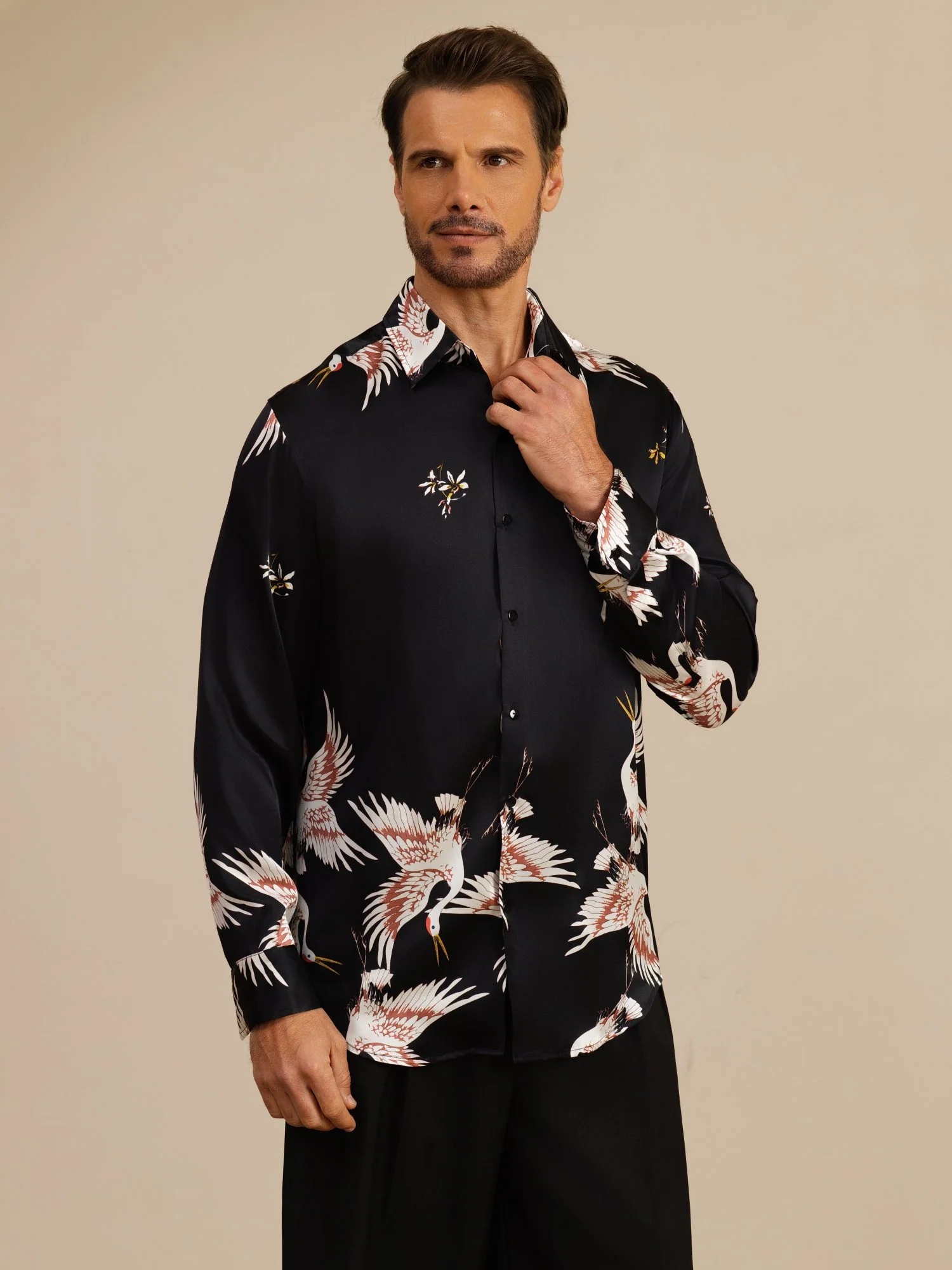 19Momme Pure Silk Men's Long Sleeve Lapel Collar Crane Print Shirt - Image 12
