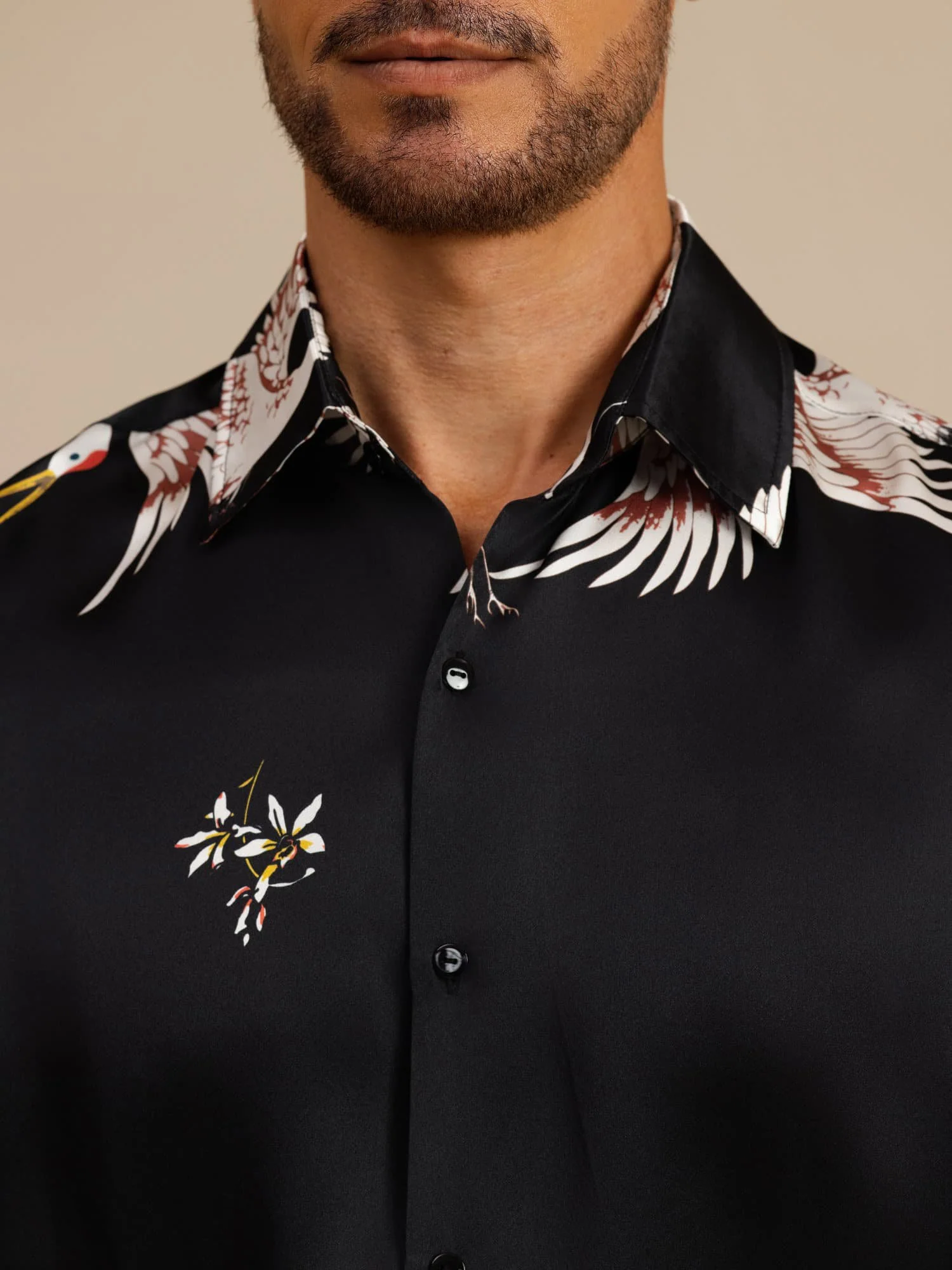 19Momme Pure Silk Men's Long Sleeve Lapel Collar Crane Print Shirt - Image 14