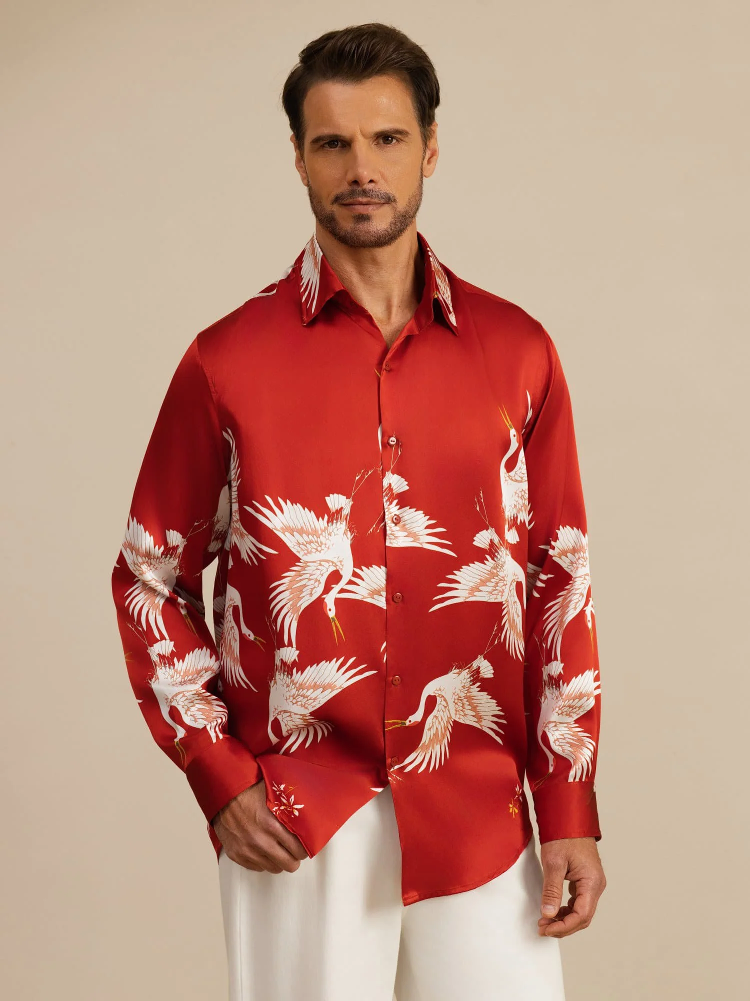 19Momme Pure Silk Men's Long Sleeve Lapel Collar Crane Print Shirt - Image 16