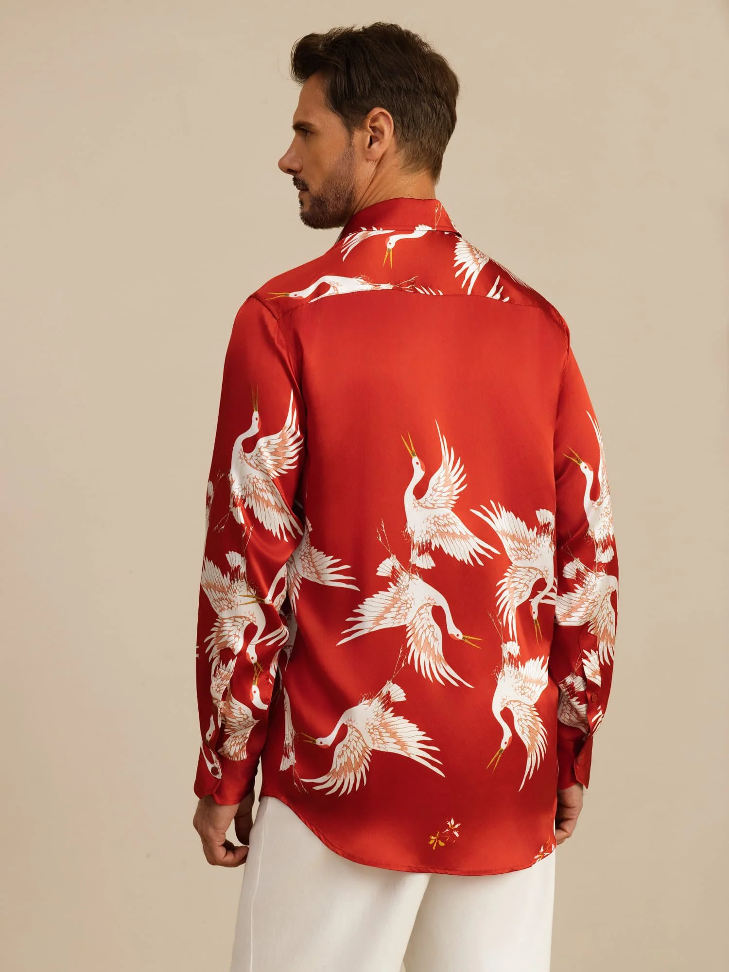 19Momme Pure Silk Men's Long Sleeve Lapel Collar Crane Print Shirt - Image 17