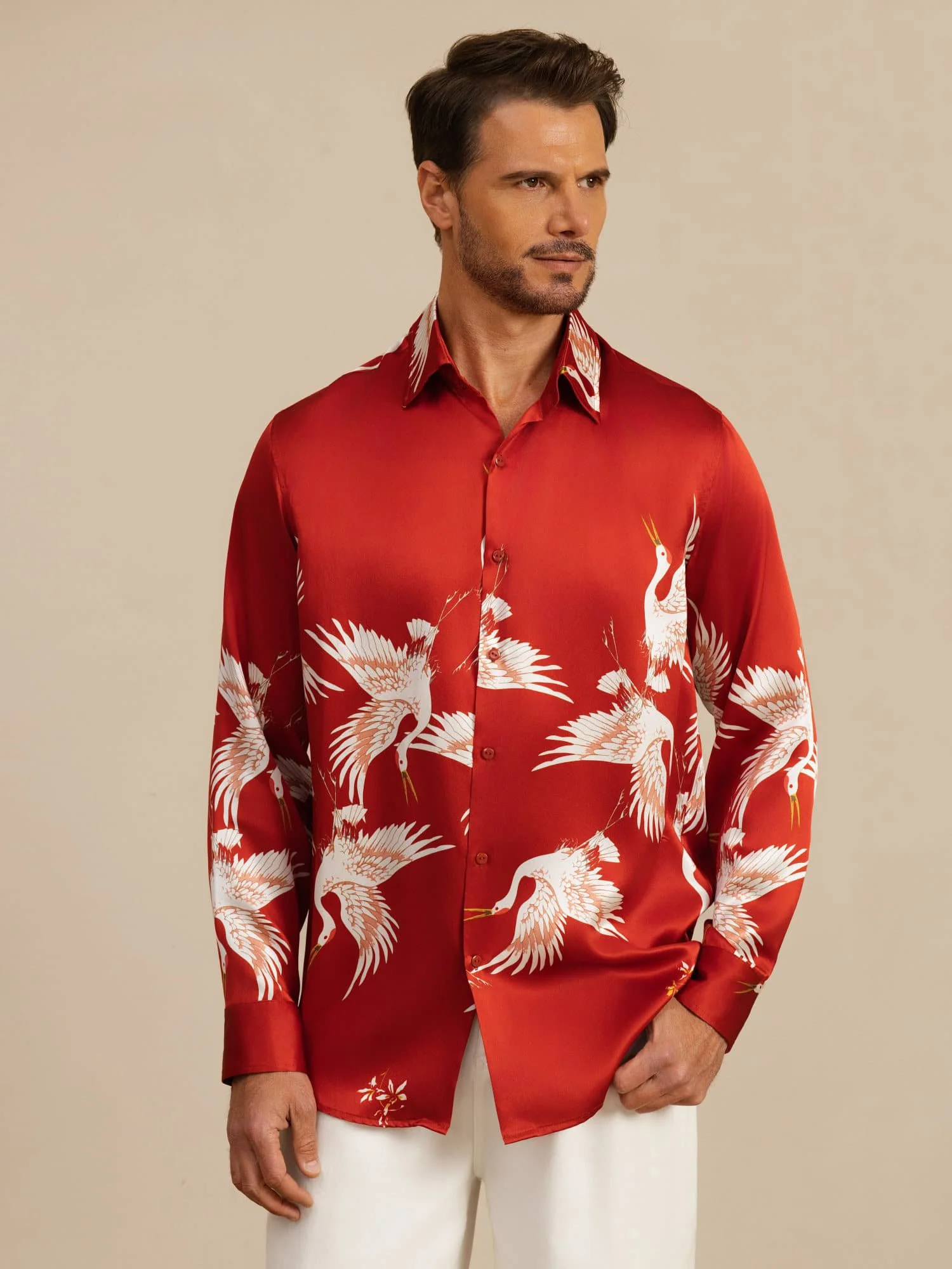 19Momme Pure Silk Men's Long Sleeve Lapel Collar Crane Print Shirt - Image 18