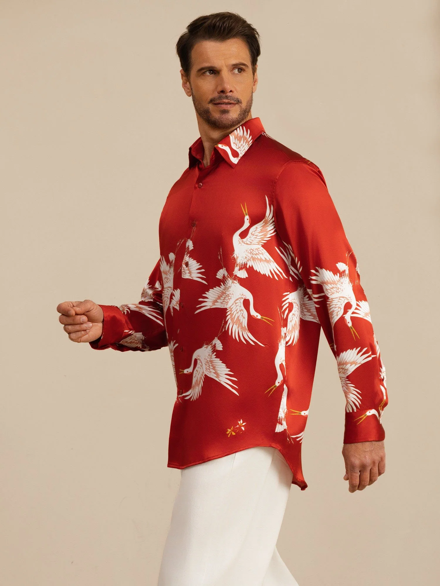 19Momme Pure Silk Men's Long Sleeve Lapel Collar Crane Print Shirt - Image 19