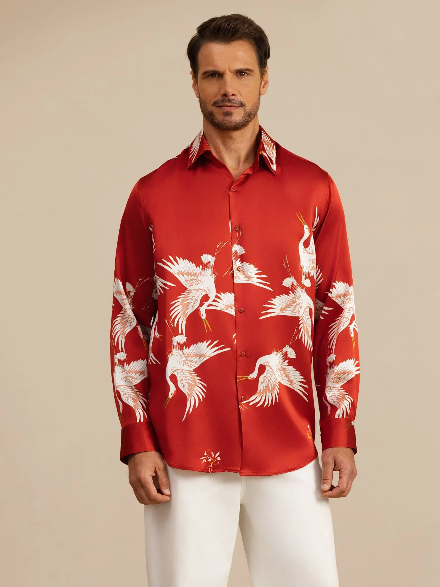 19Momme Pure Silk Men's Long Sleeve Lapel Collar Crane Print Shirt - Image 20