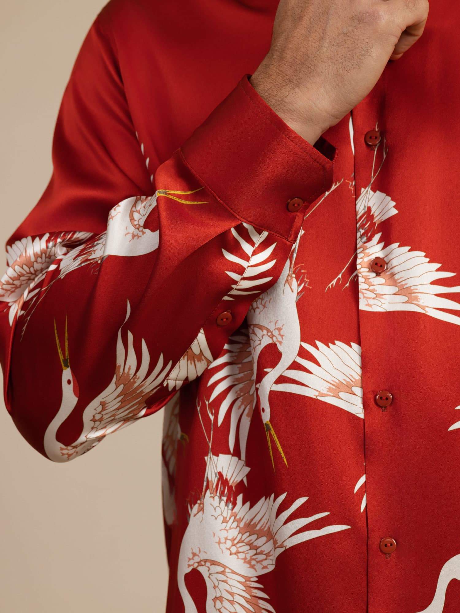 19Momme Pure Silk Men's Long Sleeve Lapel Collar Crane Print Shirt - Image 21