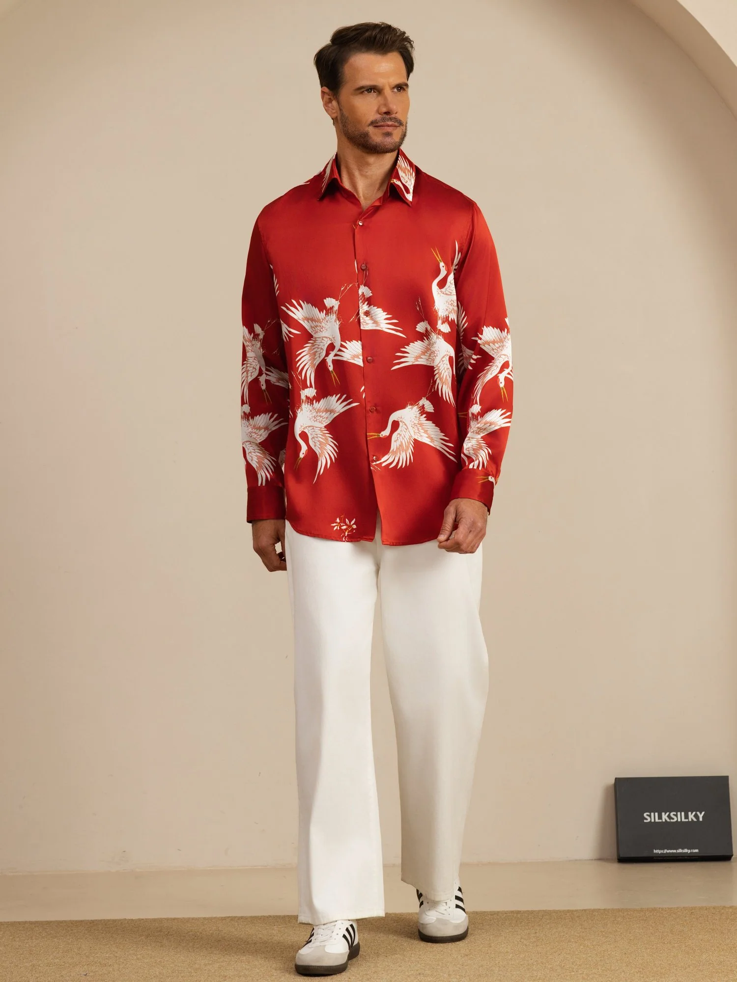19Momme Pure Silk Men's Long Sleeve Lapel Collar Crane Print Shirt - Image 22
