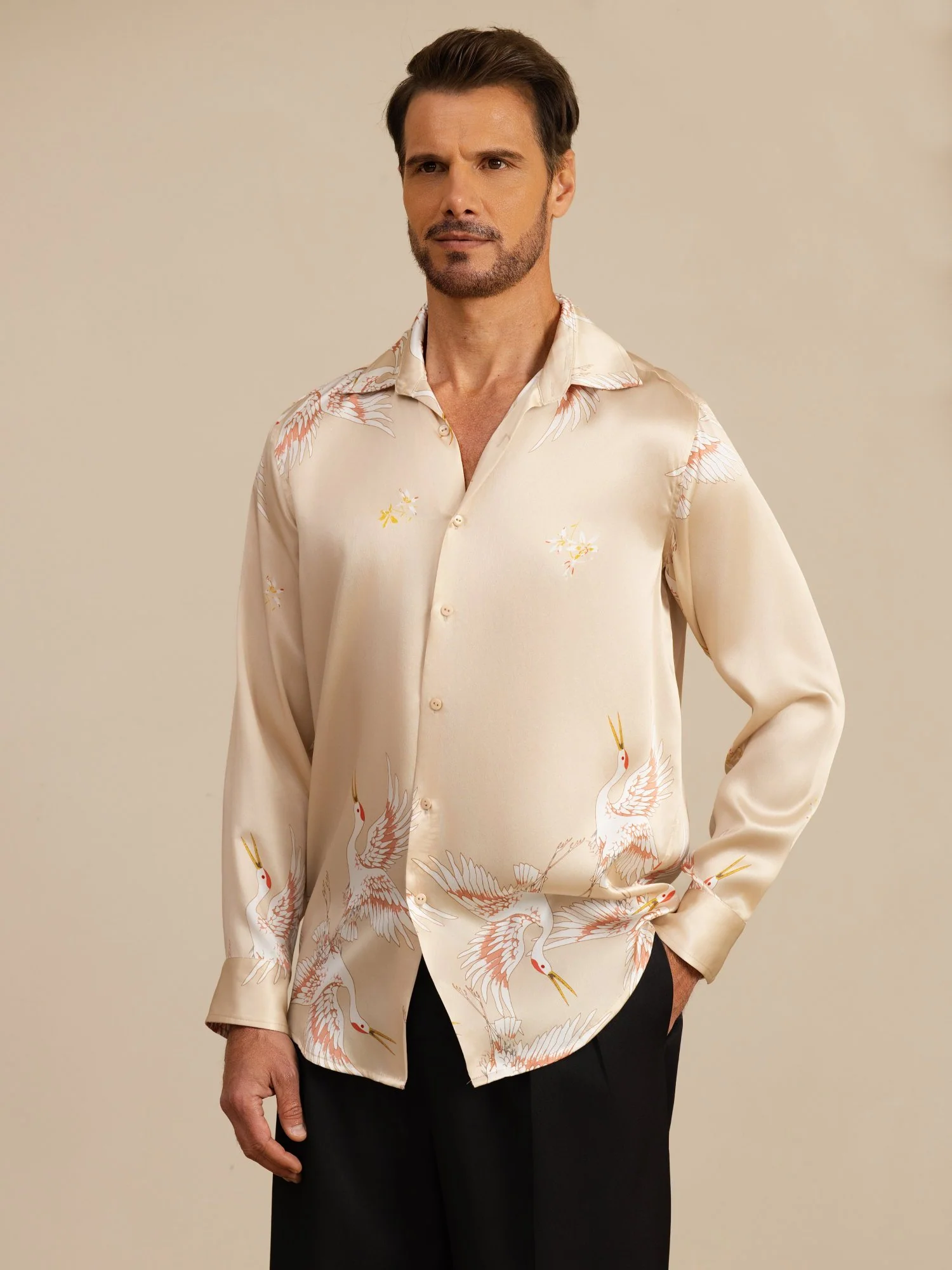 19Momme Pure Silk Men's Long Sleeve Lapel Collar Crane Print Shirt - Image 23