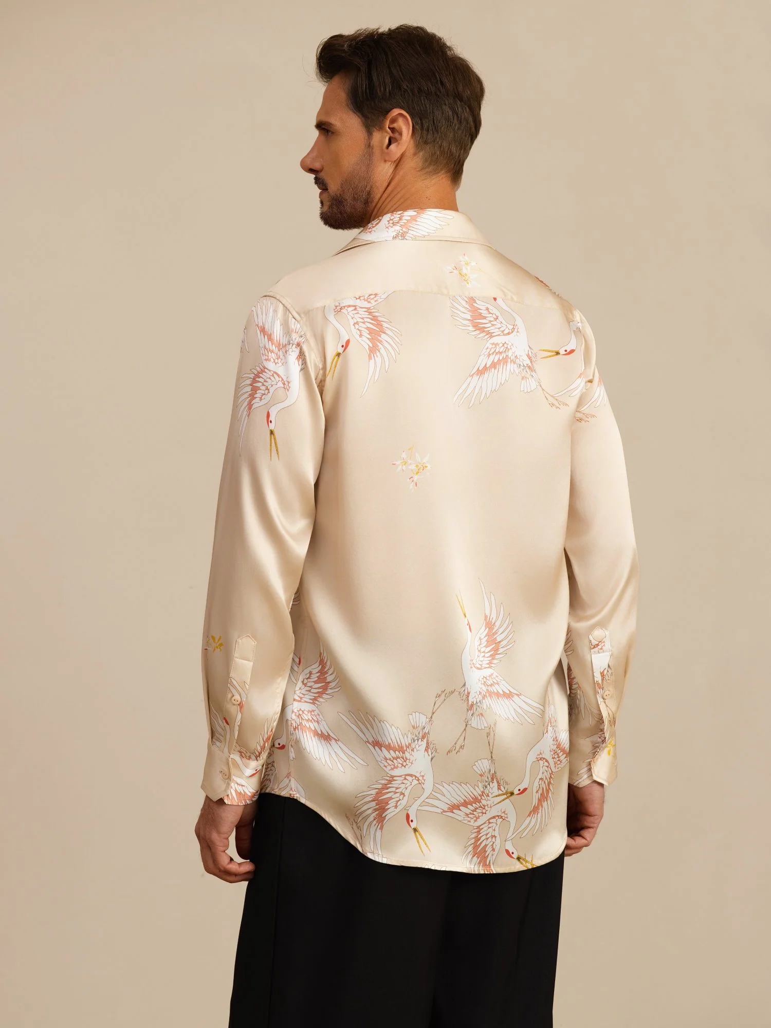 19Momme Pure Silk Men's Long Sleeve Lapel Collar Crane Print Shirt - Image 24