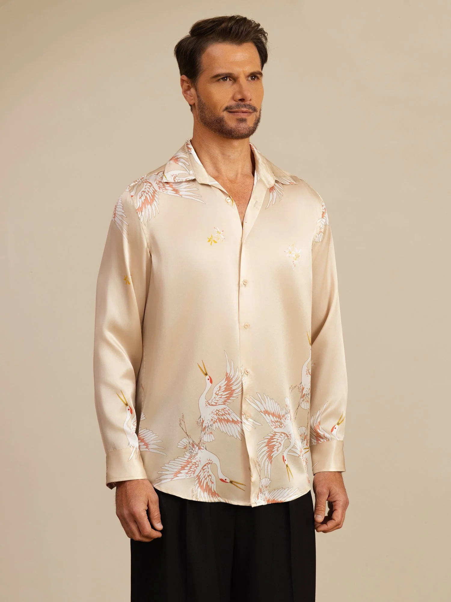 19Momme Pure Silk Men's Long Sleeve Lapel Collar Crane Print Shirt - Image 26