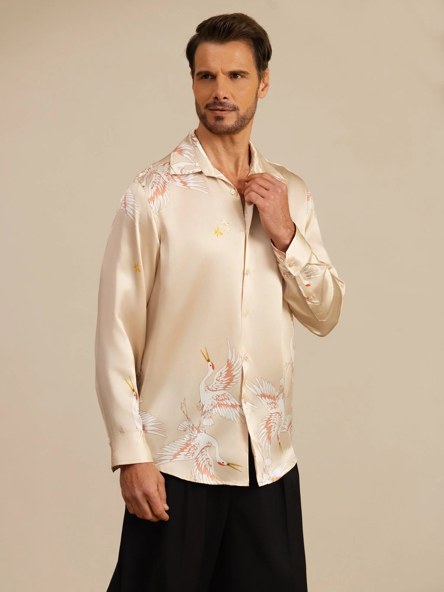19Momme Pure Silk Men's Long Sleeve Lapel Collar Crane Print Shirt - Image 27