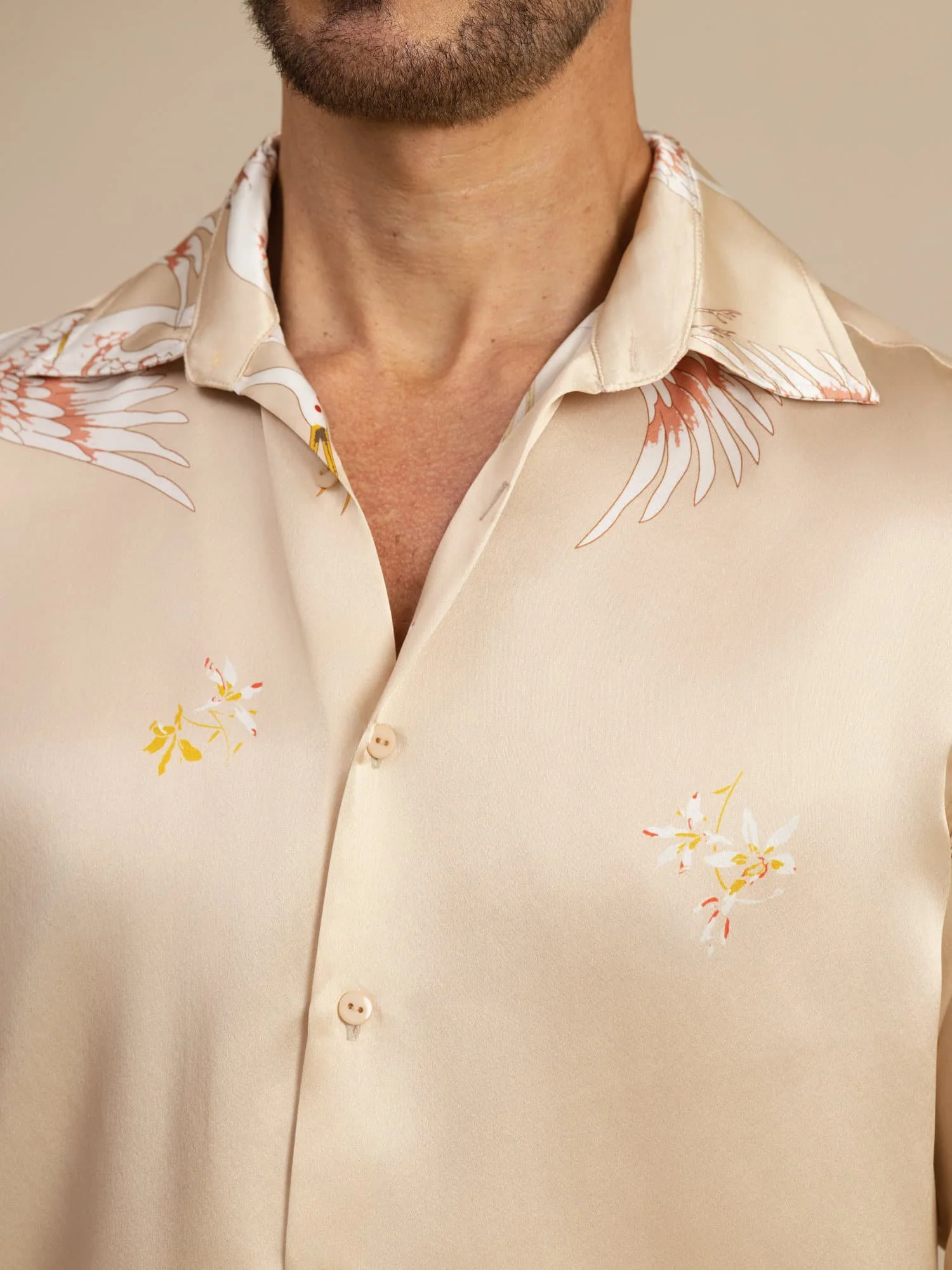 19Momme Pure Silk Men's Long Sleeve Lapel Collar Crane Print Shirt - Image 28