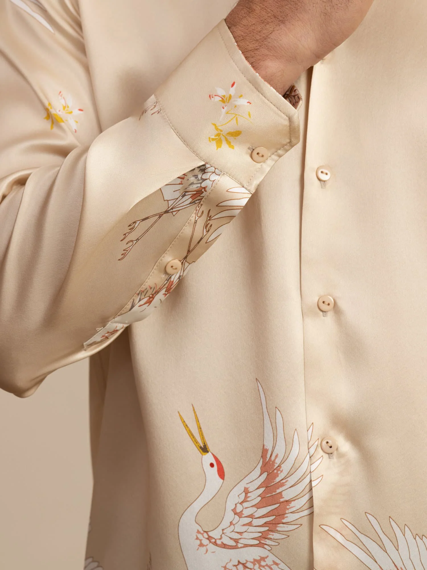 19Momme Pure Silk Men's Long Sleeve Lapel Collar Crane Print Shirt - Image 29