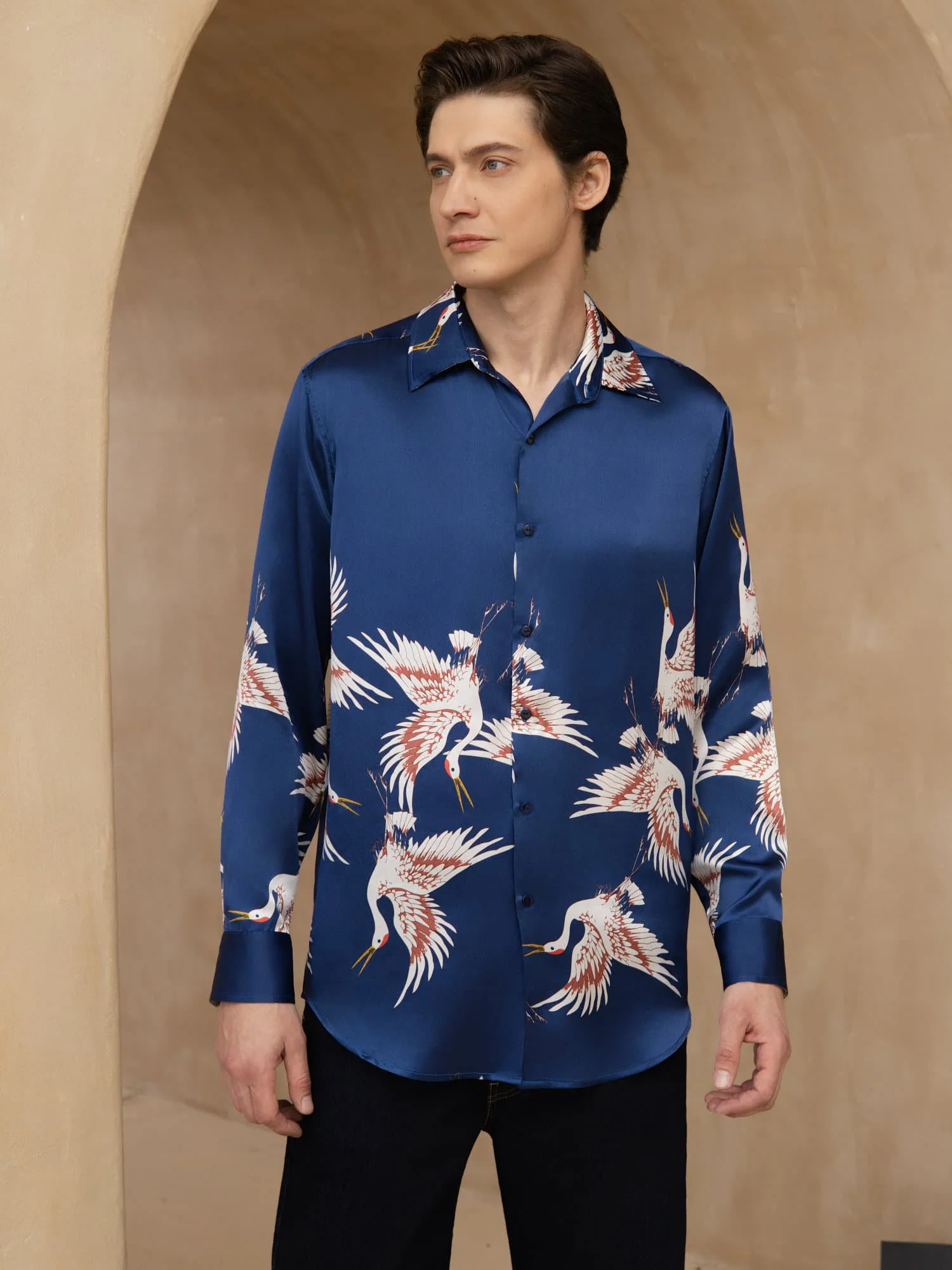 19Momme Pure Silk Men's Long Sleeve Lapel Collar Crane Print Shirt - Image 3