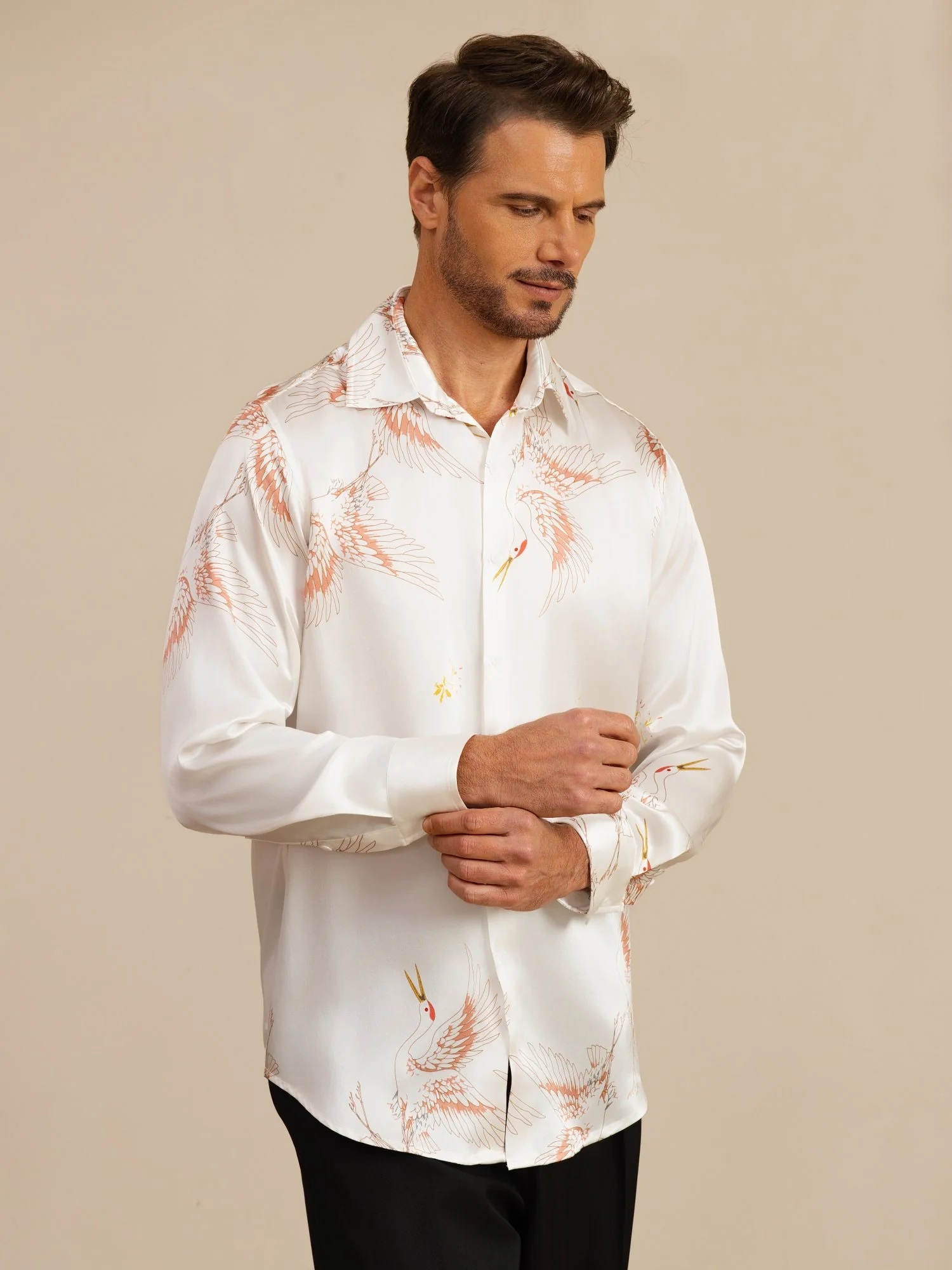 19Momme Pure Silk Men's Long Sleeve Lapel Collar Crane Print Shirt - Image 31