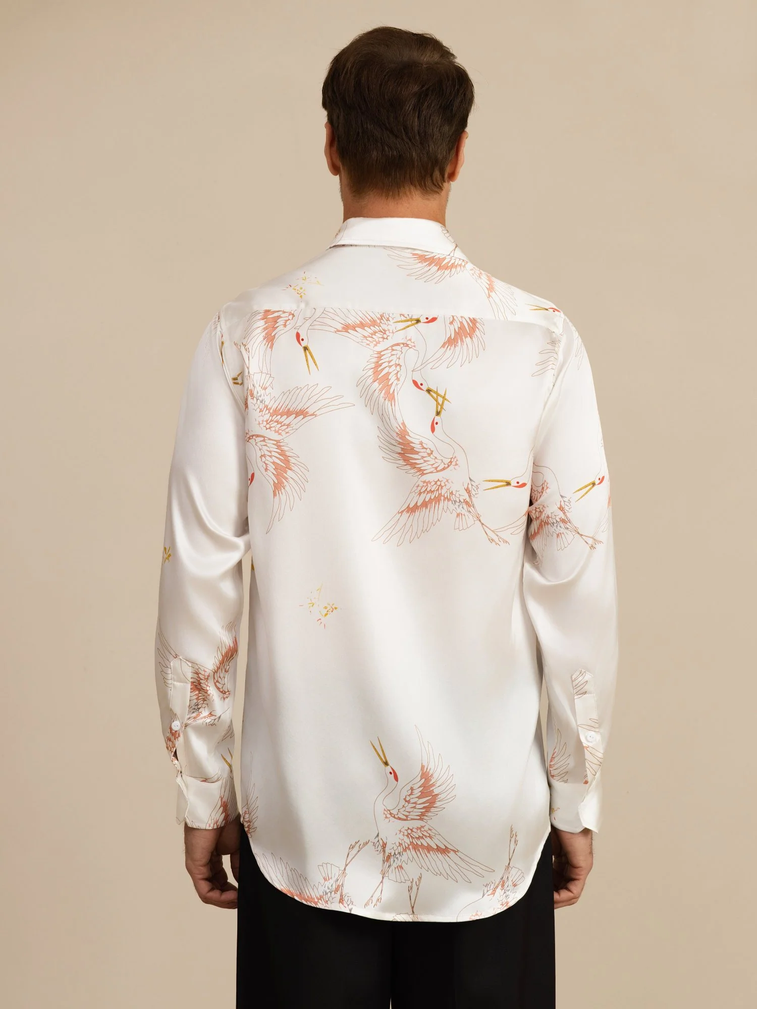 19Momme Pure Silk Men's Long Sleeve Lapel Collar Crane Print Shirt - Image 32