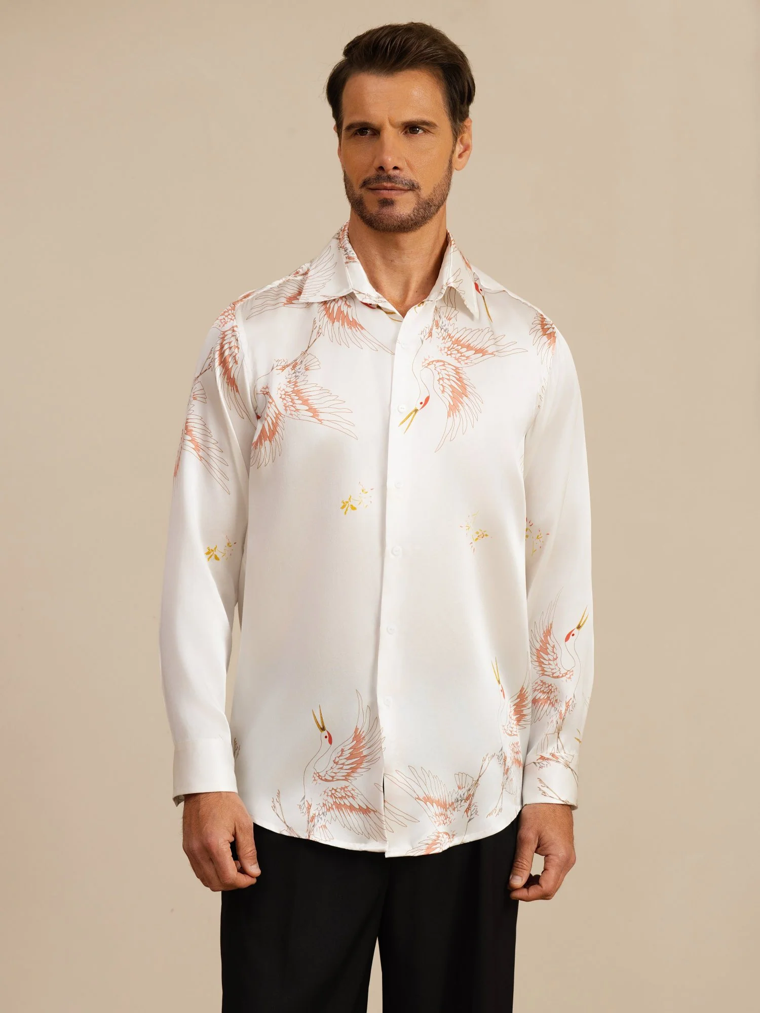 19Momme Pure Silk Men's Long Sleeve Lapel Collar Crane Print Shirt - Image 33