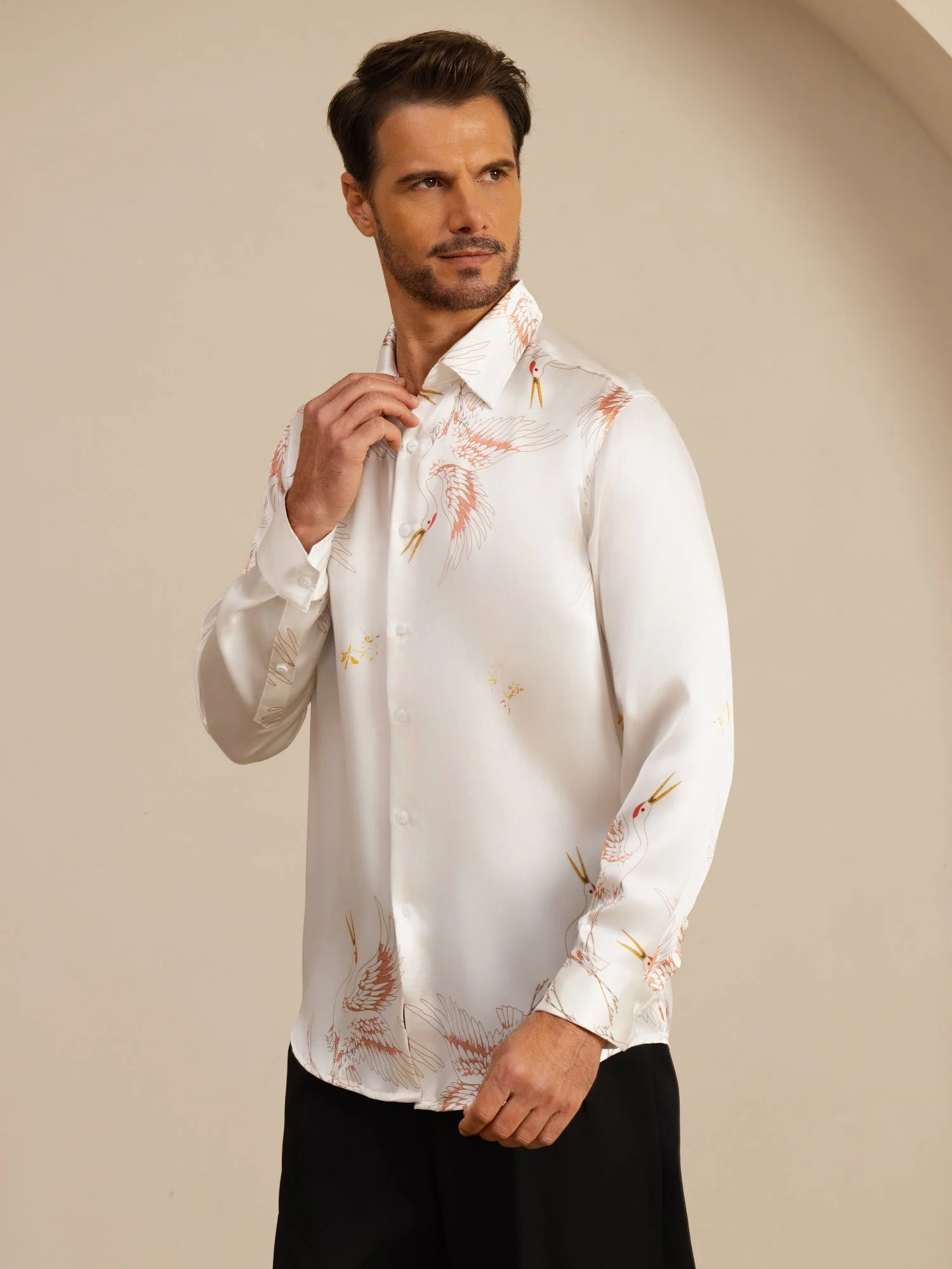 19Momme Pure Silk Men's Long Sleeve Lapel Collar Crane Print Shirt - Image 34