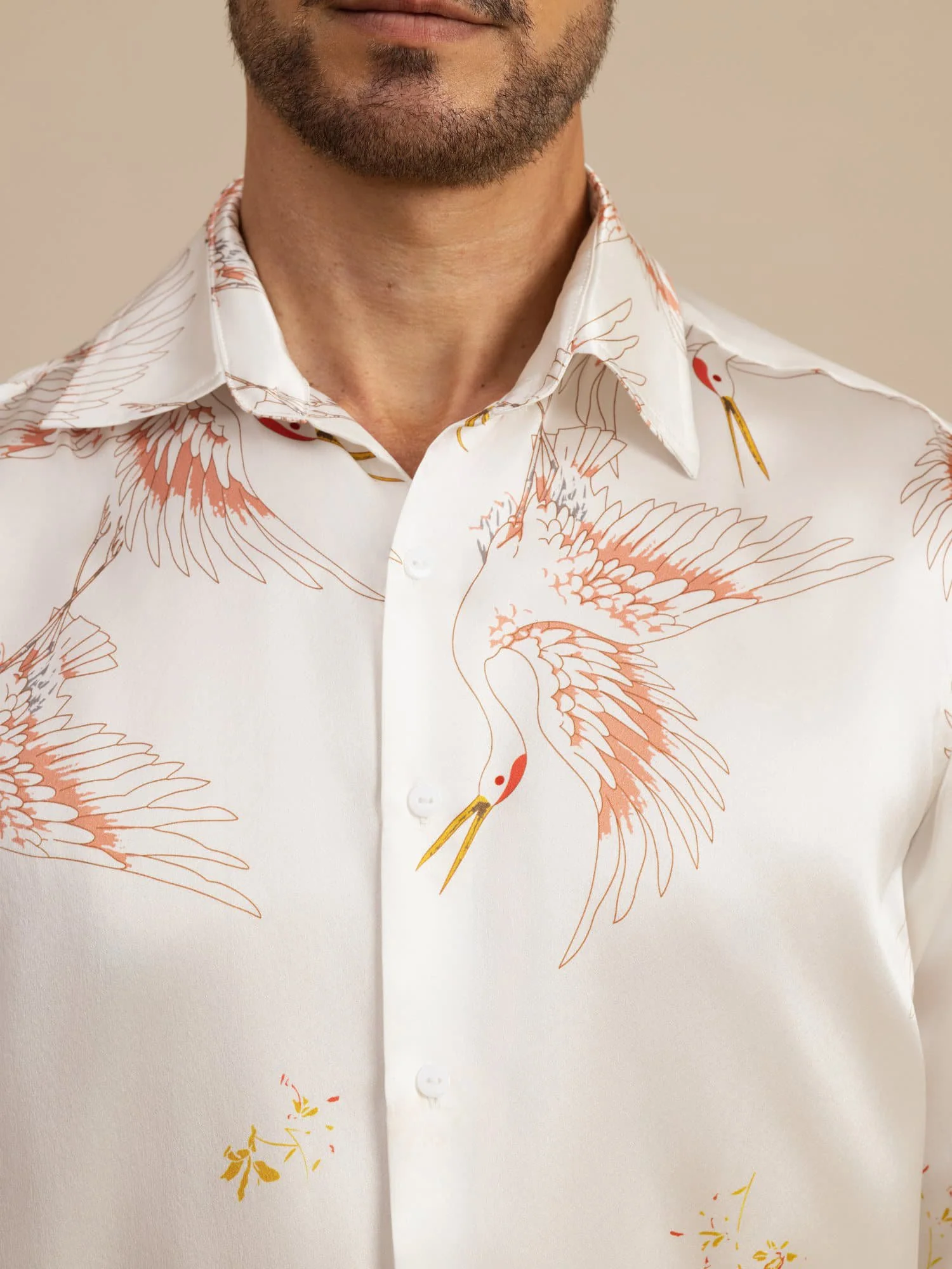 19Momme Pure Silk Men's Long Sleeve Lapel Collar Crane Print Shirt - Image 35