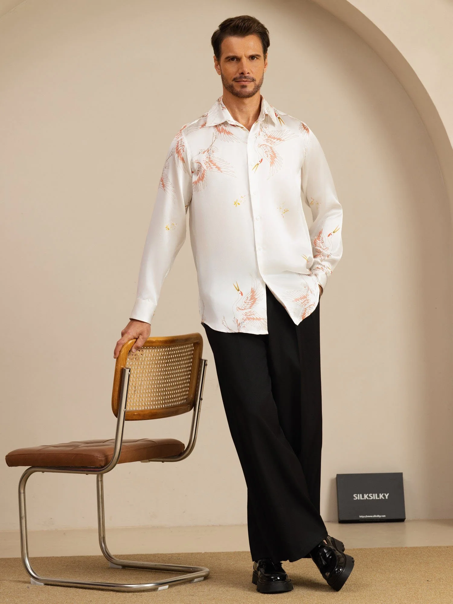 19Momme Pure Silk Men's Long Sleeve Lapel Collar Crane Print Shirt - Image 36