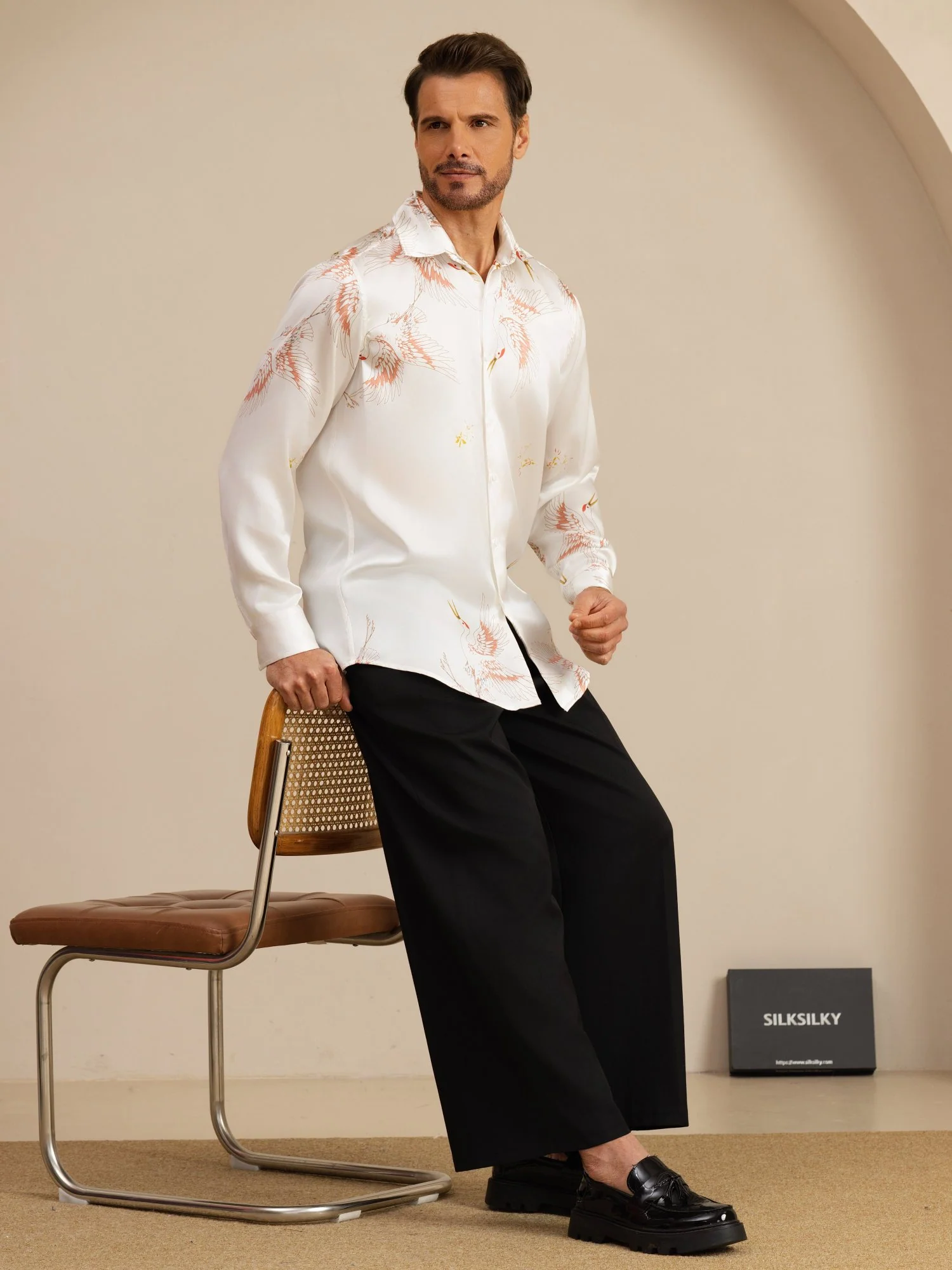 19Momme Pure Silk Men's Long Sleeve Lapel Collar Crane Print Shirt - Image 37