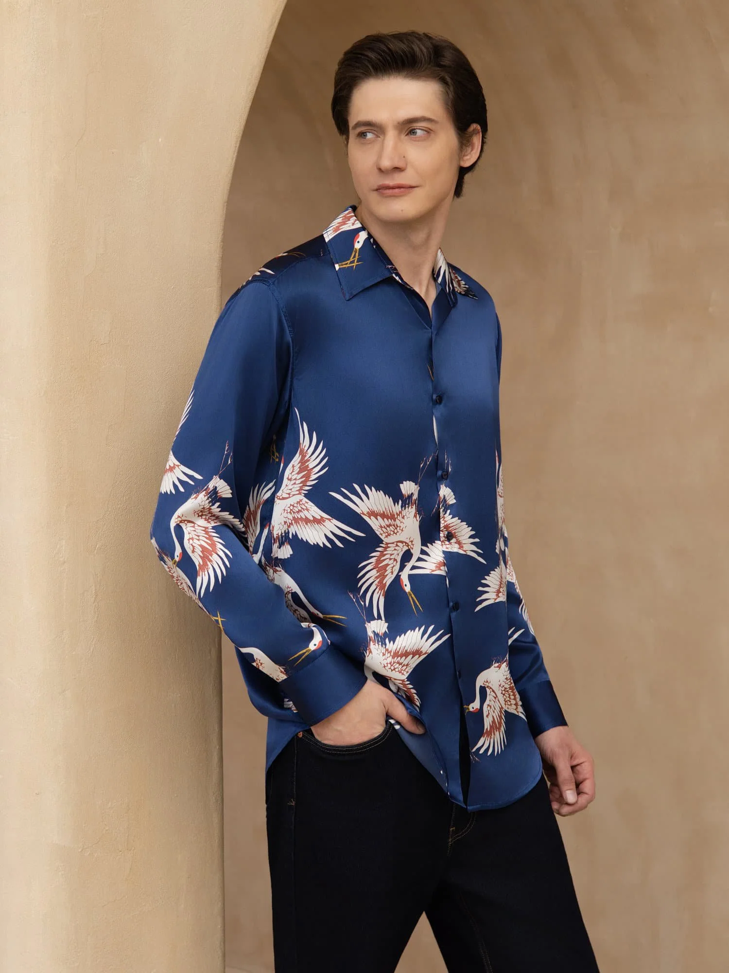 19Momme Pure Silk Men's Long Sleeve Lapel Collar Crane Print Shirt - Image 5