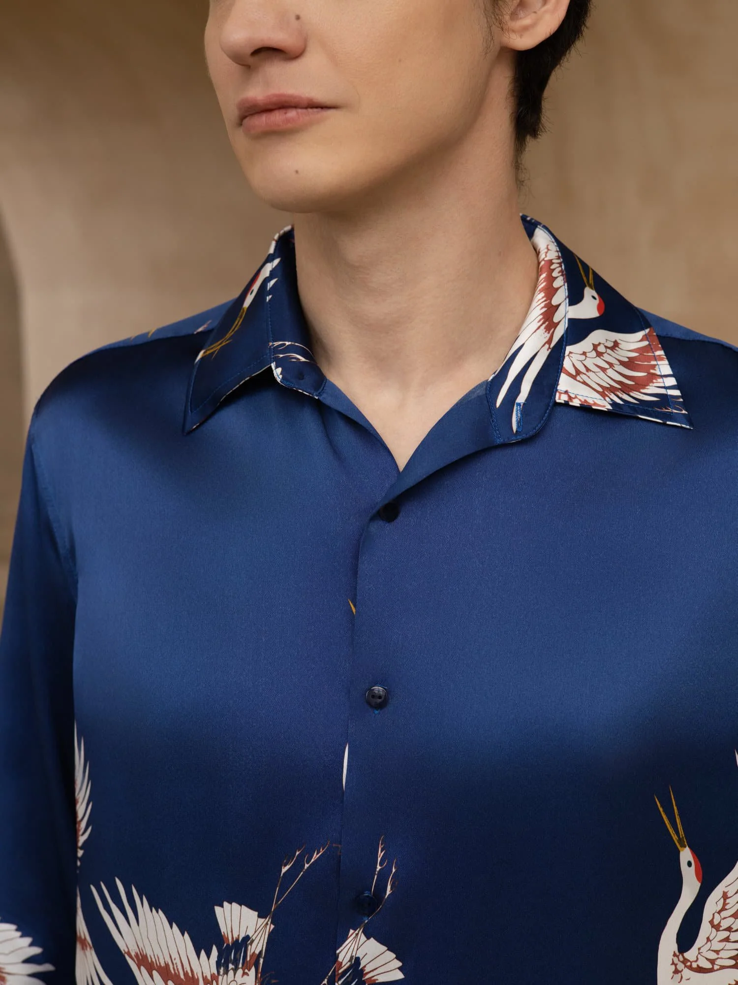 19Momme Pure Silk Men's Long Sleeve Lapel Collar Crane Print Shirt - Image 6