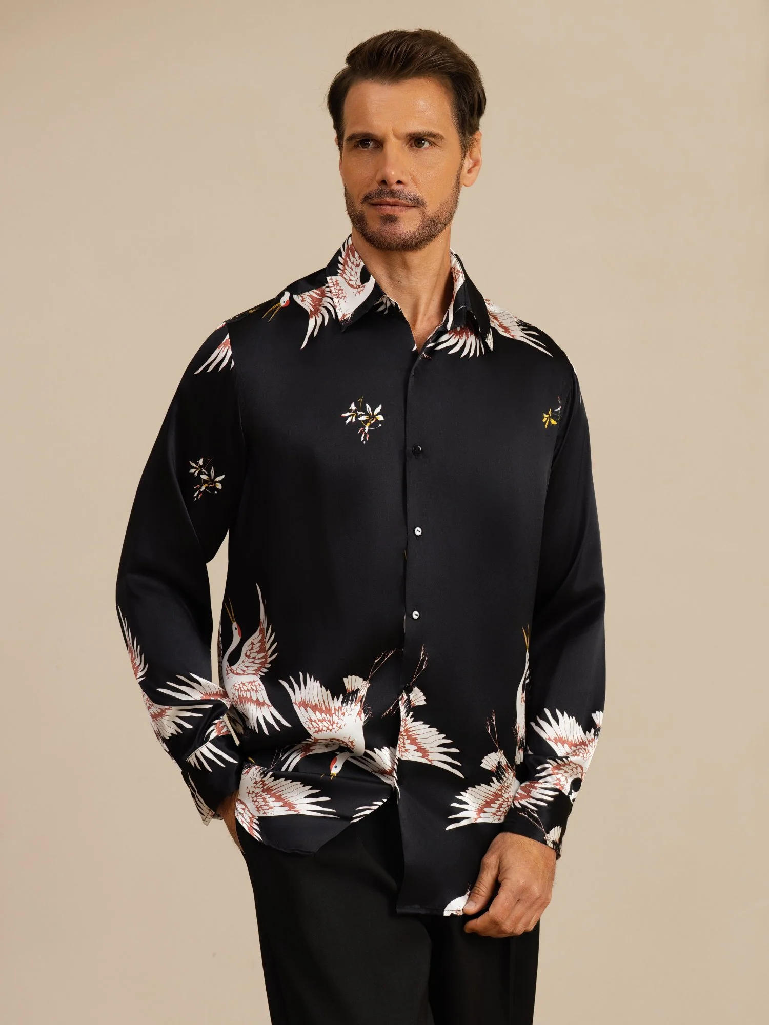 19Momme Pure Silk Men's Long Sleeve Lapel Collar Crane Print Shirt - Image 8