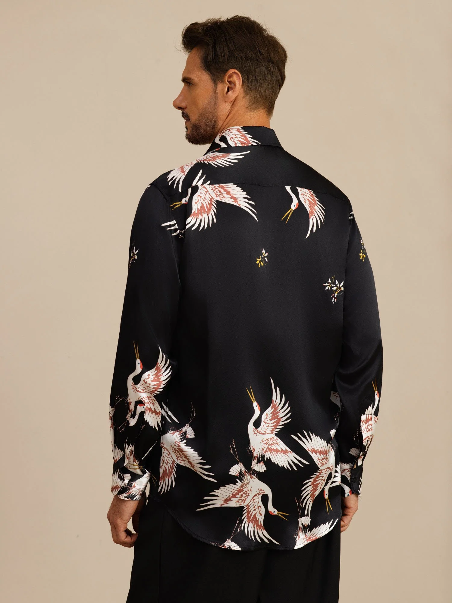 19Momme Pure Silk Men's Long Sleeve Lapel Collar Crane Print Shirt - Image 9