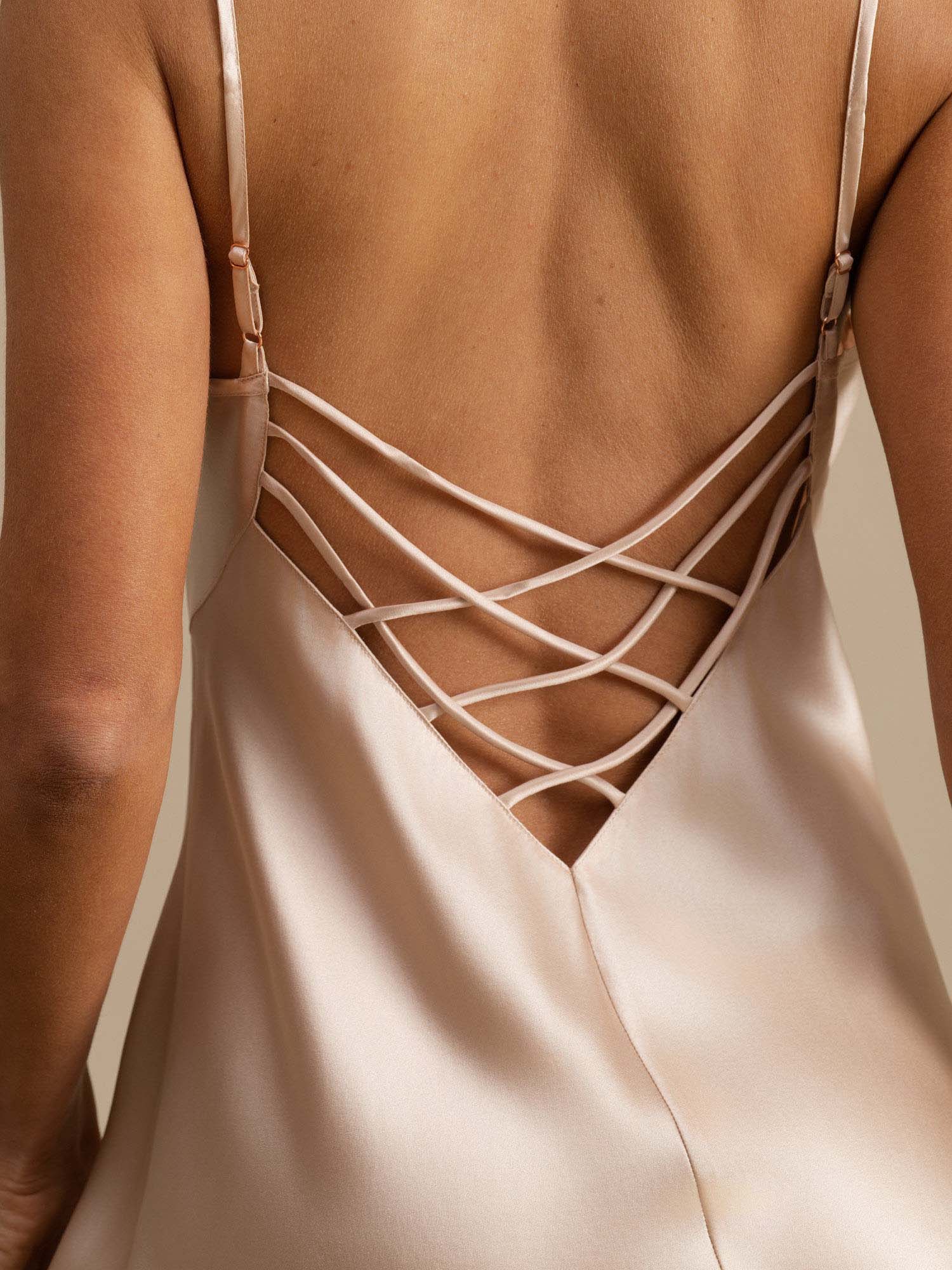 Pure Silk Spaghetti Strap V-neck Mini Nightdress with Lace Criss Cross Back Design - Image 40