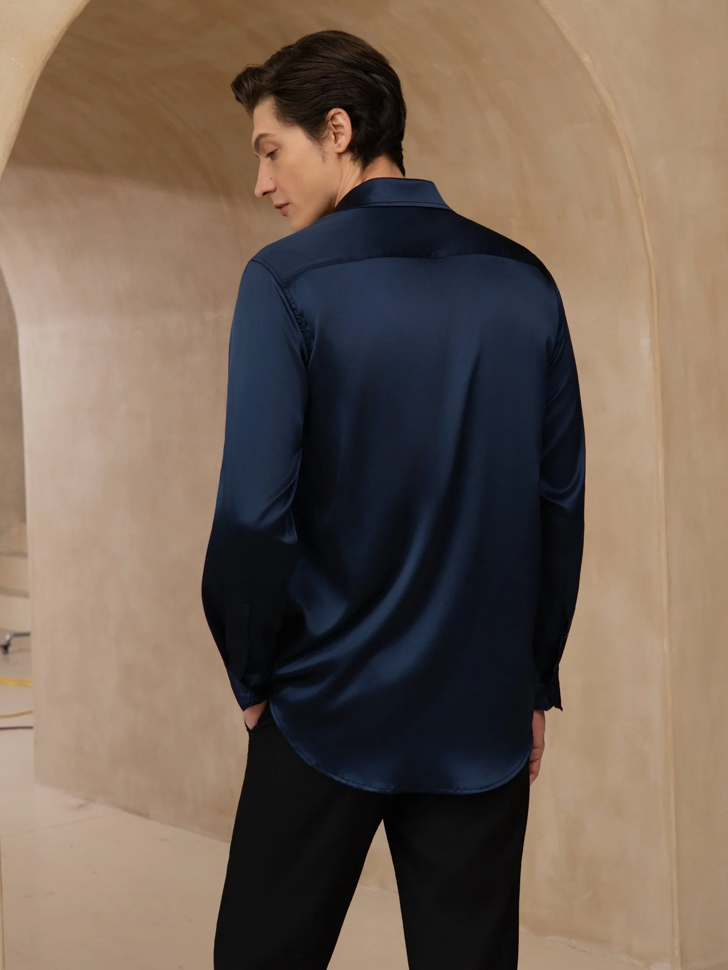 19Momme Silk Men's Long Sleeve Lapel Collar Classic Business Shirt - Image 10